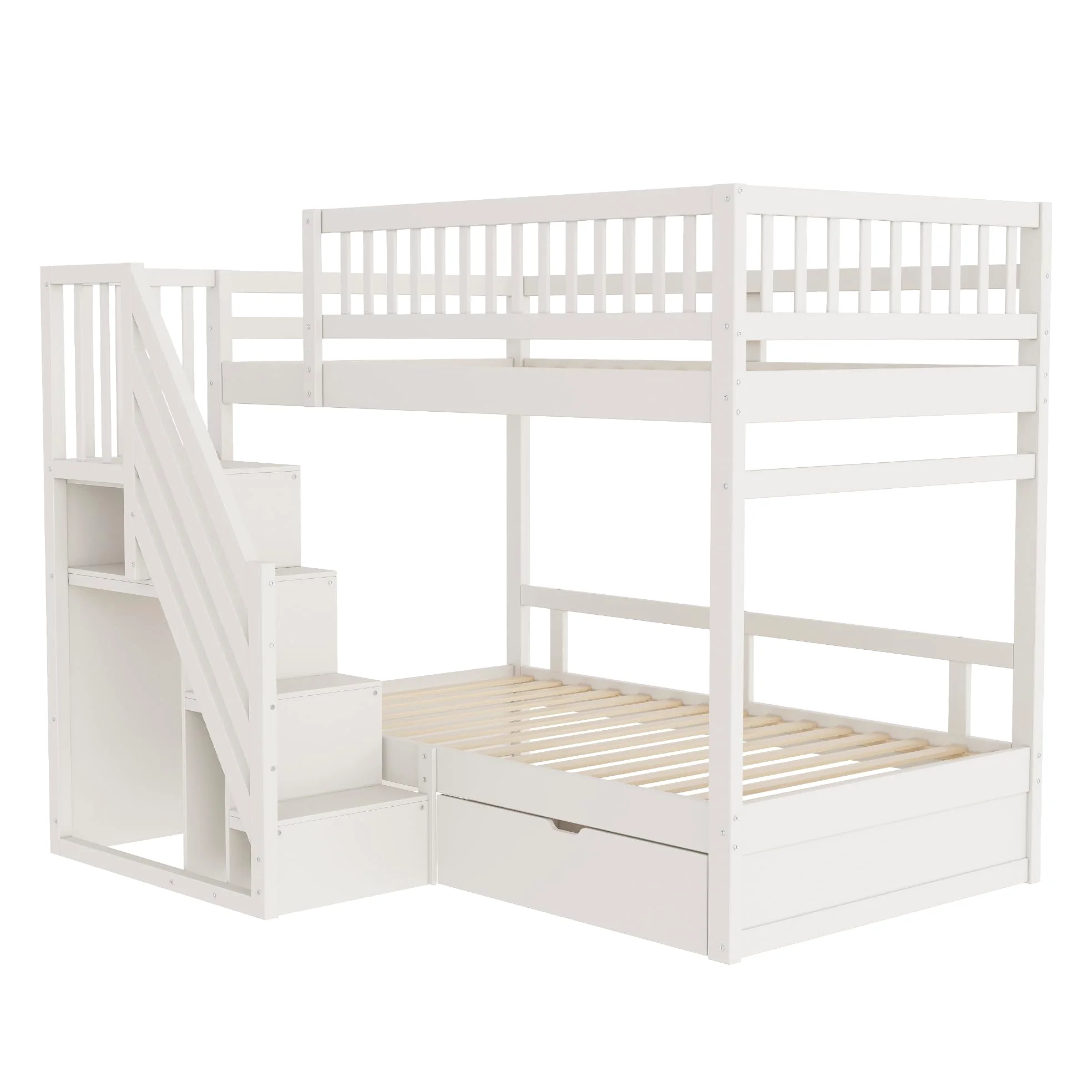 Soweiz Lettino per bambini 90 x 200 cm, in legno massello con rete di sicurezza elevata, con rete a doghe, scala di sicurezza con vano portaoggetti, letto per ragazzi (bianco)