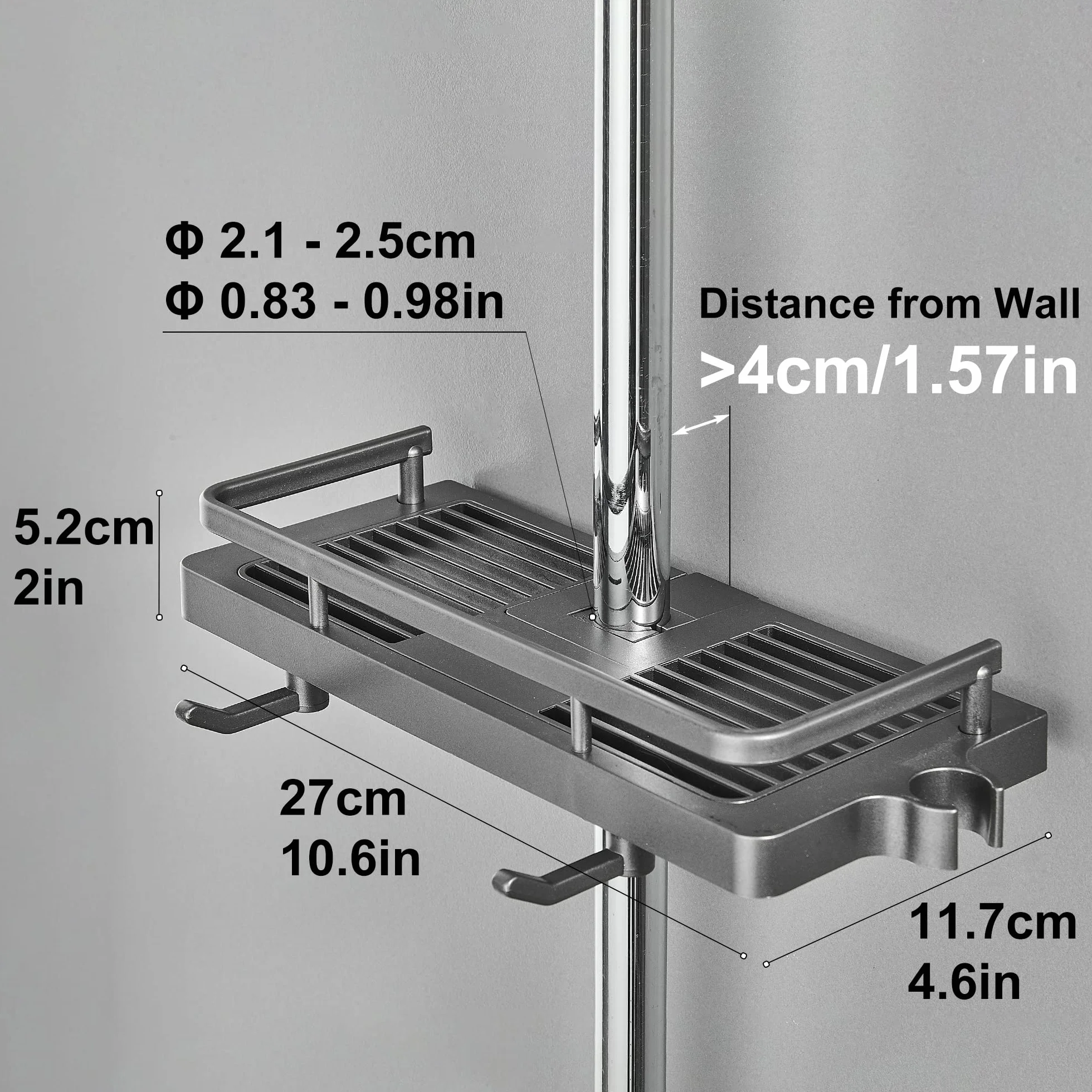 Mensola Doccia da Appendere Senza Forare Portaoggetti Bagno Rimovibile ABS Fibbia Soffione Gancio Asta 21-25mm Grigio