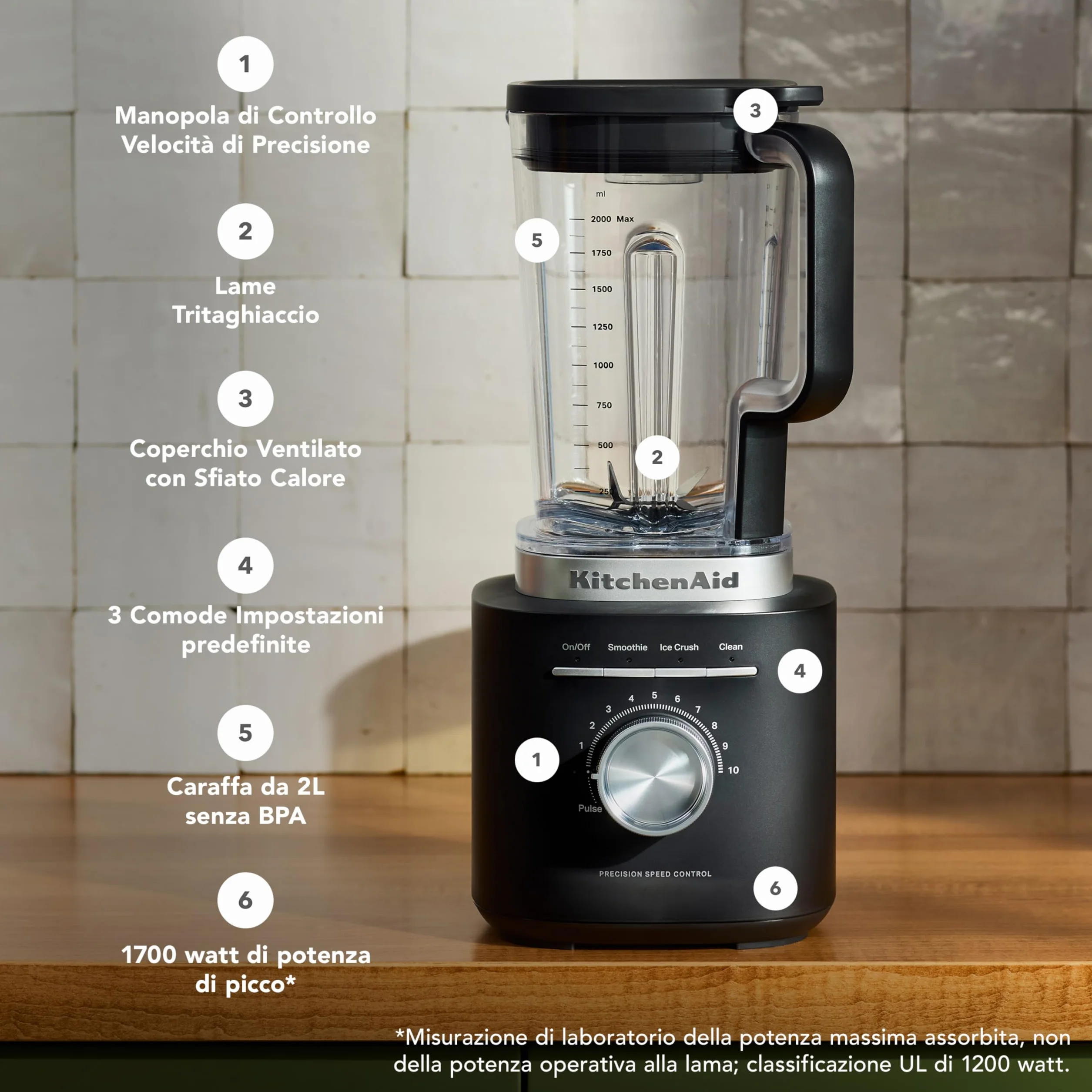 KitchenAid 5KSB20723EBM Frullatore Pure Power, Motore Potente con Caraffa da 2L Senza BPA, 10 Velocità, Programmi Tritaghiaccio e Smoothie, Lame Asimmetriche Inox, Nero Opaco