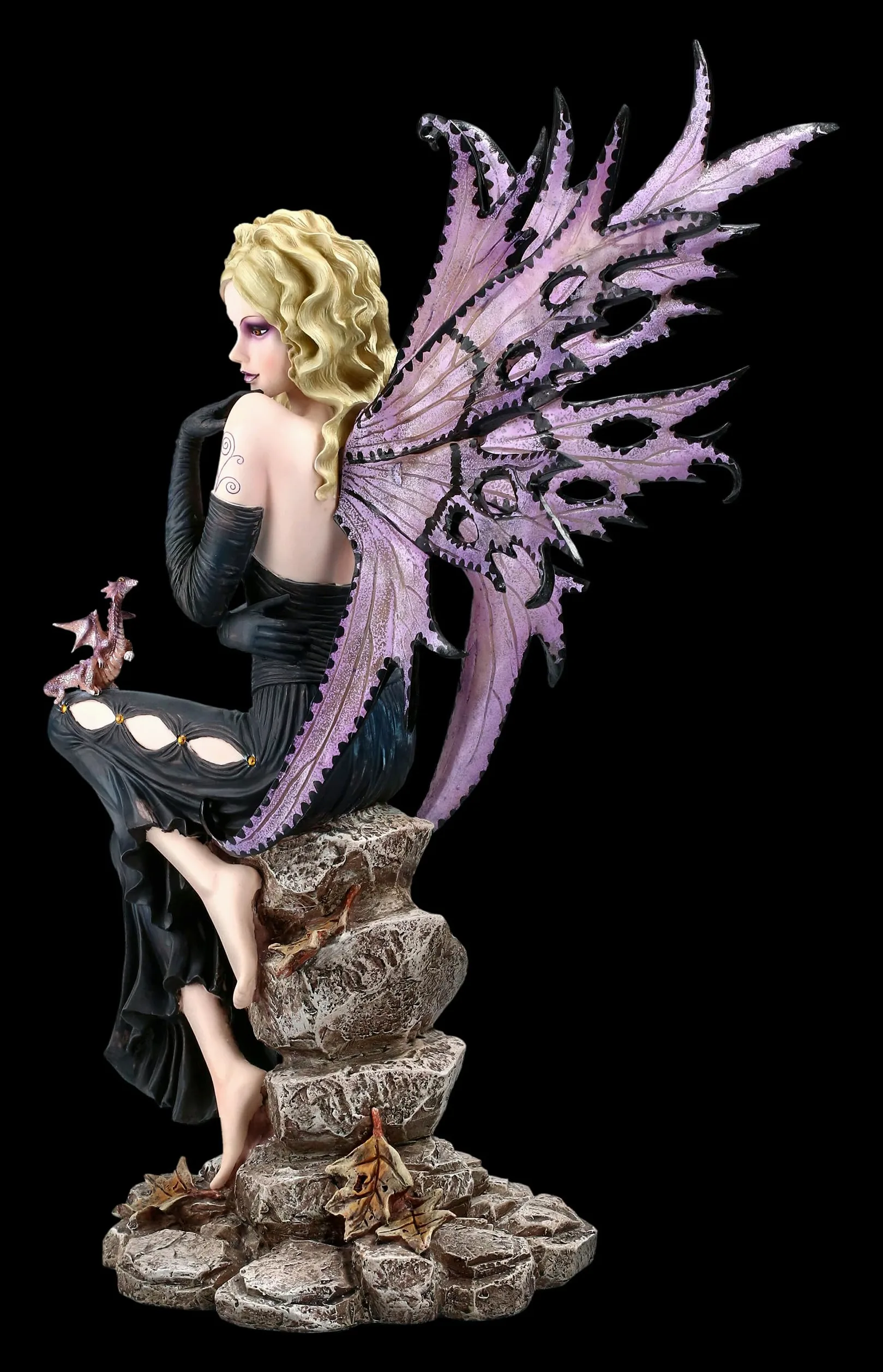 Elfo seducente Liliana con drago viola 50 cm, sensuale, biondo, abito scuro, statua d'elfo, figura fata