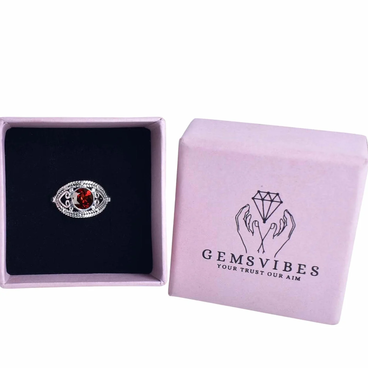 Anello Gems Vibes granato rosso argento sterling 925 pietra portafortuna gennaio fatto a mano misura 6