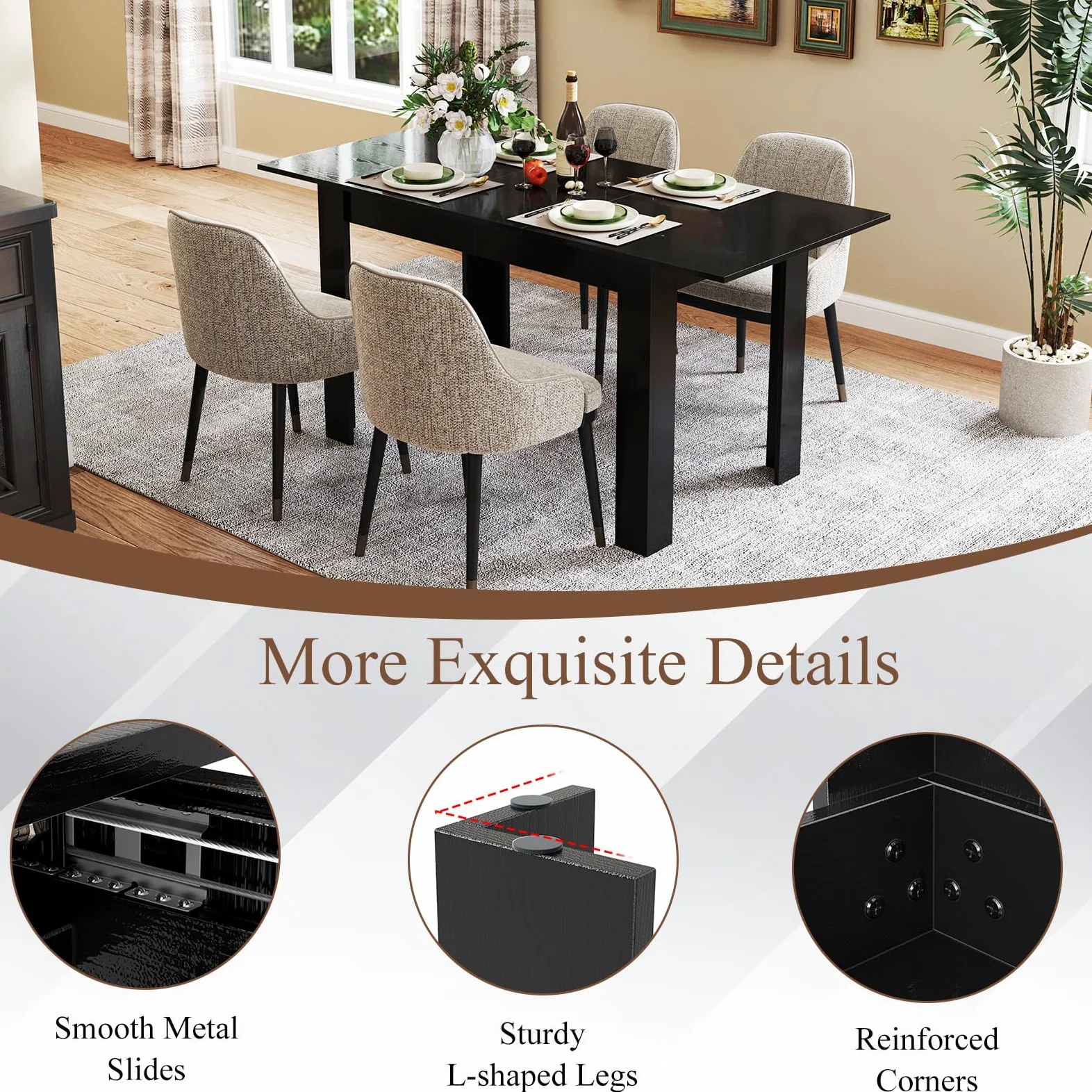 LIFEZEAL Tavolo da Pranzo Allungabile, 158x70cm per 4-8 Persone, Tavolo da Cucina, da Sala da Pranzo, Estensibile, Moderno, in Legno, Ampio Piano, Gambe a Forma di L, Montaggio Facile, Max 110kg, Nero