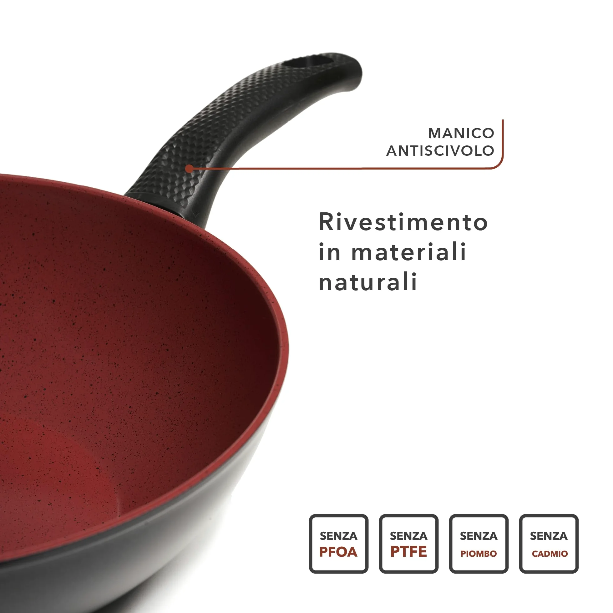 CLASSE ITALY, Linea TUSCANY, Wok cm 30 - Antiaderente naturale a 5 strati, alta resistenza, senza PTFE, PFOA, PIOMBO, CADMIO, per Induzione e Fiamma