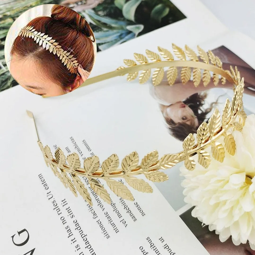 Corona Dea Tiara Orecchini Foglia Oro Perla Bracciali Boho Accessori per Capelli Foglie Corone Romane per Matrimonio