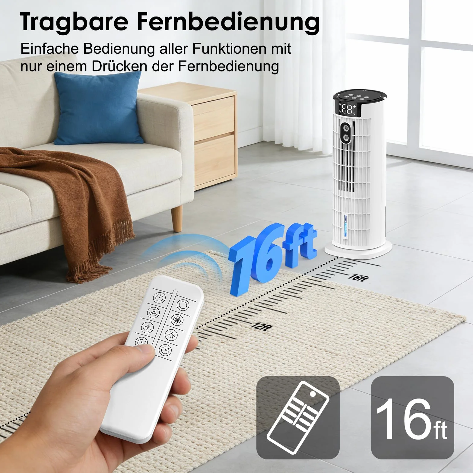Condizionatore Portatile | Controllo doppio telecomando e touch | 3 in 1 raffreddamento con umidificazione | Serbatoio da 800ml | Vento forte fino a 7,5 m/s | Silenzioso ed efficiente
