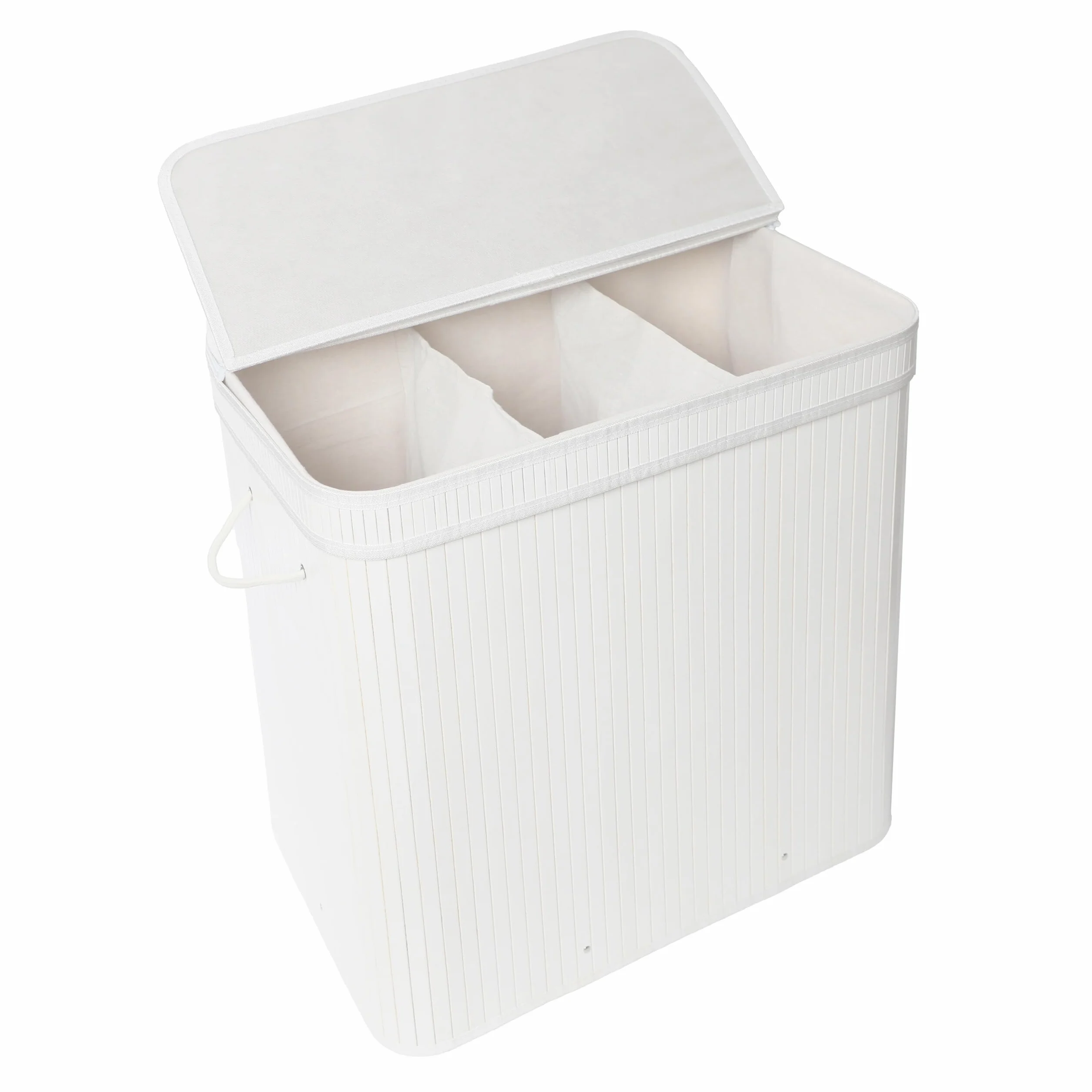 Relaxdays Cesto portabiancheria con Coperchio, bambù, 150 l, 3 Scomparti, HxLxP: 61,5x61x41,5 cm, Bagno, Bianco