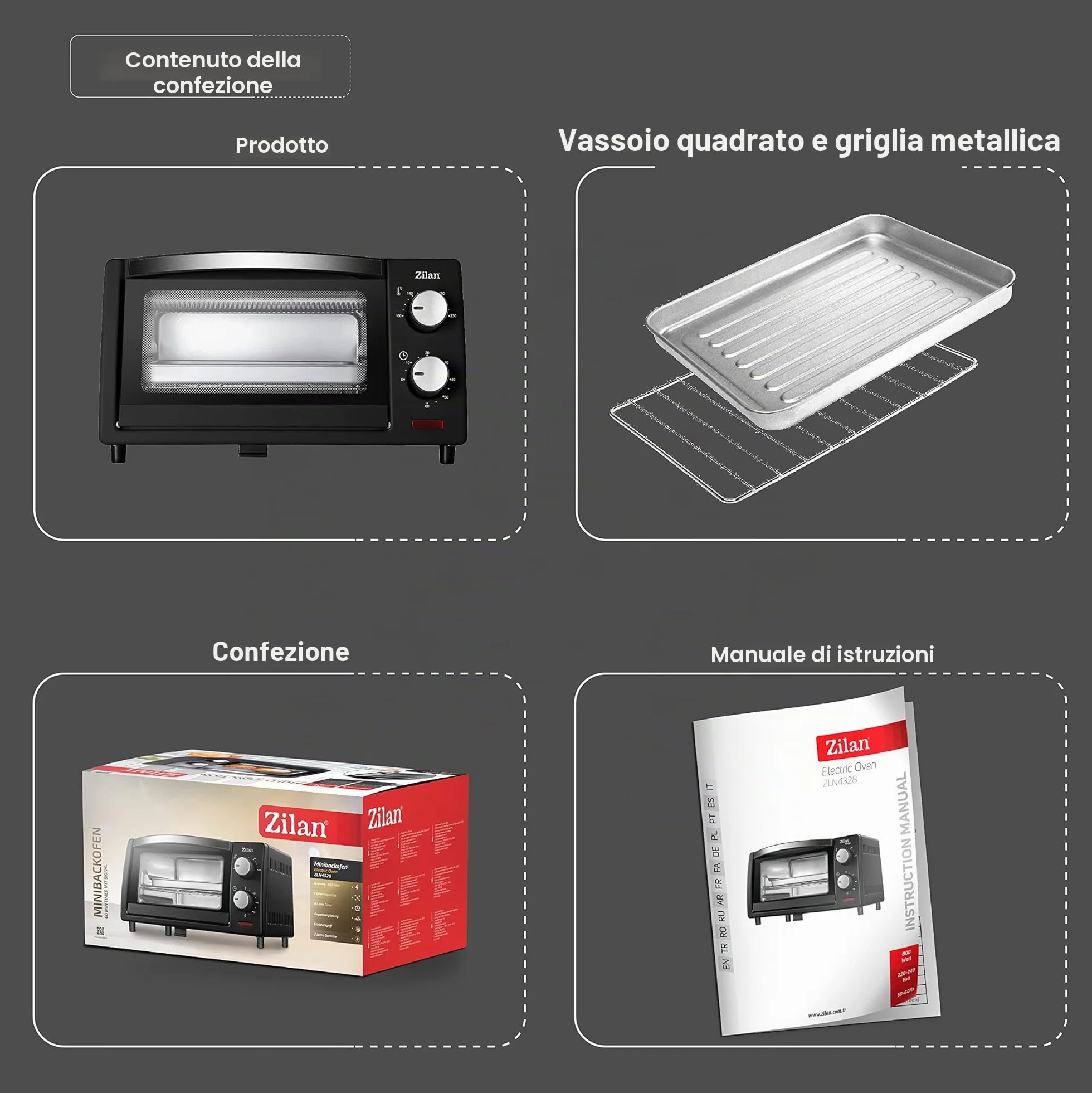 Forno Elettrico 9 Litri 800 Watt Doppio Vetro Timer Zilan