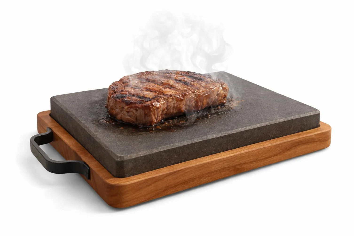 Piastra Rettangolare in Pietra Lavica 30x20,5 cm con Vassoio Legno Bistecchiera Nero Marrone