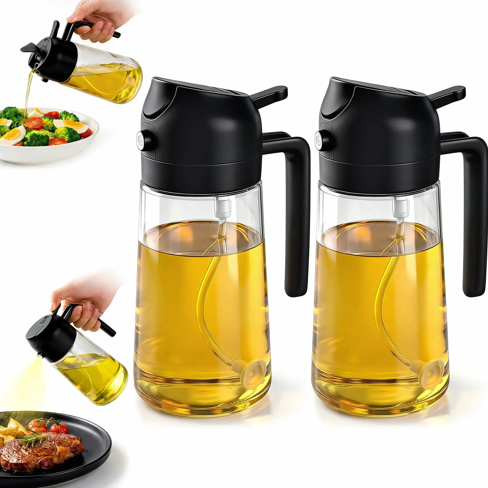 Spruzzatore per Olio 2 in 1 470ml per Friggitrice ad Aria Calda, Erogatore da Cucina Nero