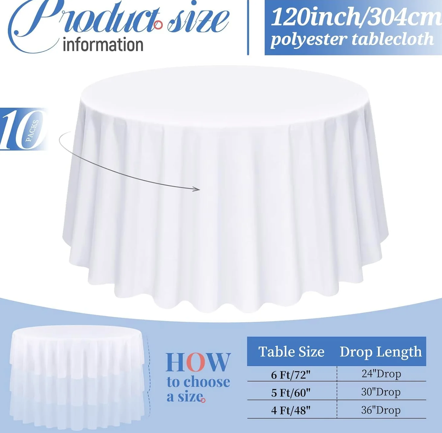 Confezione da 10 tovaglie rotonde da 120pollici, tovaglie rotonde bianche da 120 pollici tovaglie rotonde in poliestere da 120pollici tovaglie lavabili per matrimoni, banchetti o ristoranti (bianco)