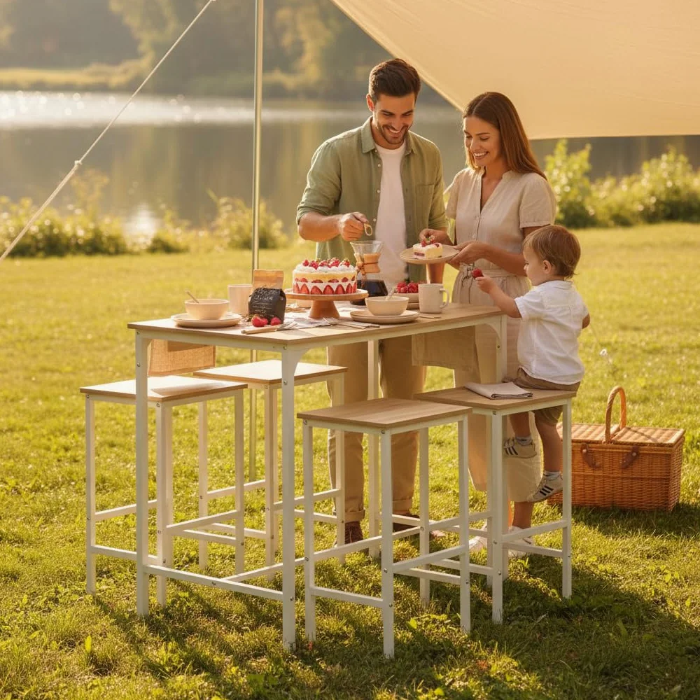 buybyroom Tavolo da bar con sgabello da bar – Set da pranzo con 4 sedie effetto rovere con venature, 100 x 60 x 90 cm