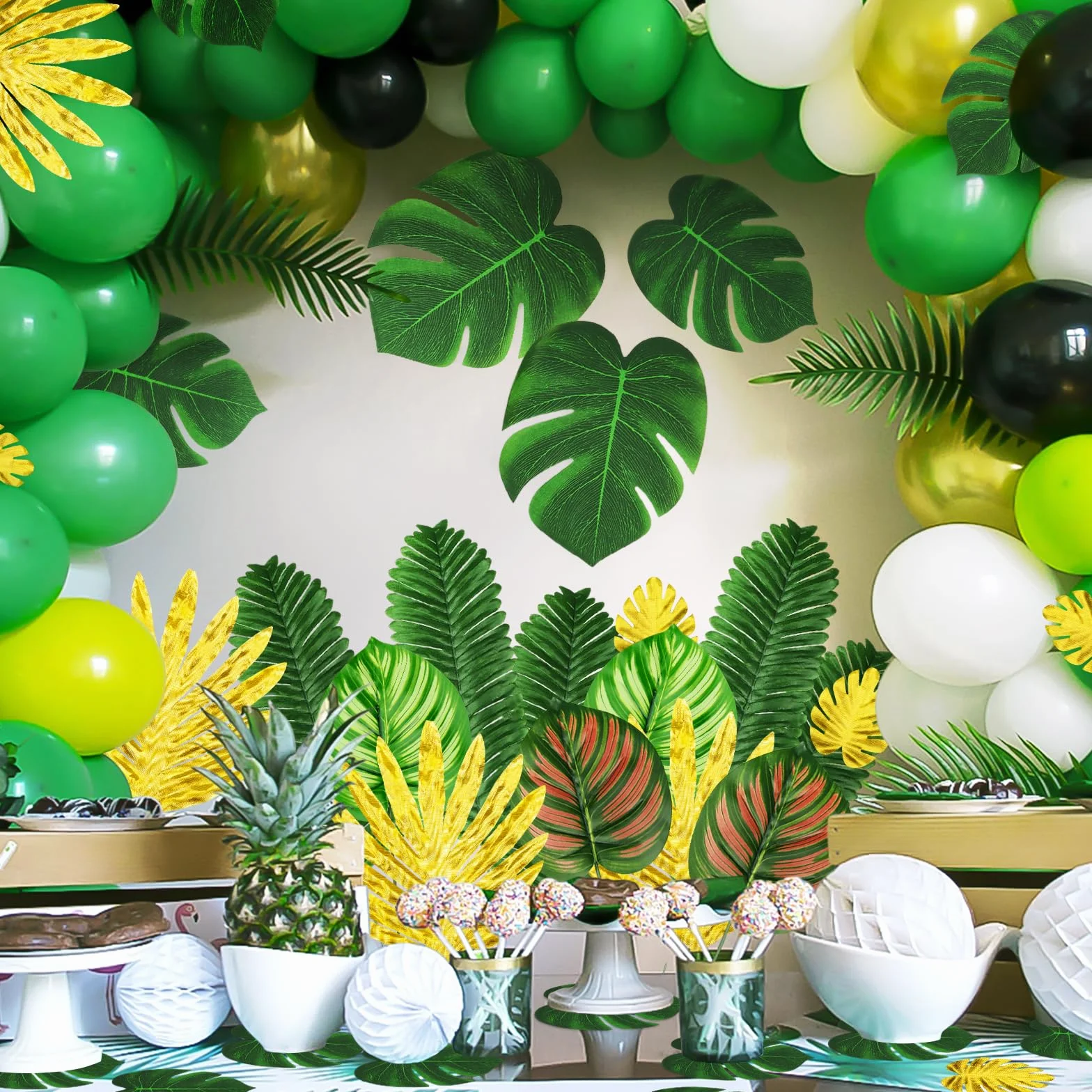 QUOZUO 50 pezzi foglie tropicali artificiali Monstera decorazione verde e oro