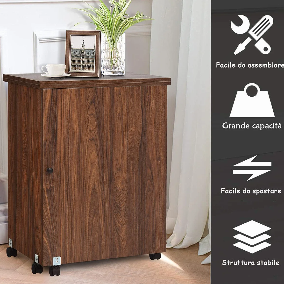 RELAX4LIFE Mobiletto per Macchina da Cucire Pieghevole su Ruote Bloccabili, Tavolo da Cucito in Legno 117,5x40x77cm Marrone