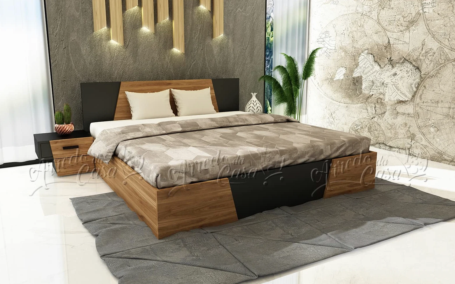 Camera da Letto Matrimoniale Completa Nera e Rovere Scuro con Armadio a 2 Ante Scorrevoli con Specchio Letto Matrimoniale 2 Comodini e 1 Comò CDLU33