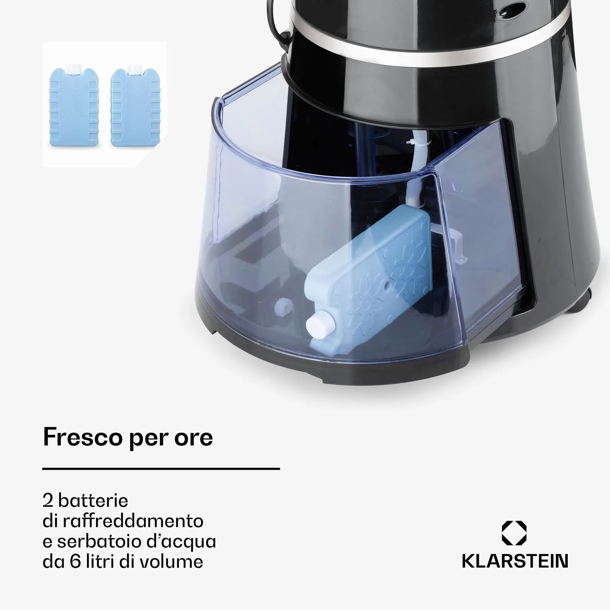 Climatizzatore 4in1: raffrescatore evaporativo, ventilatore, umidificatore/ionizzatore, 6L, oscillazione, 30W, 210m³/h, timer, no tubo di scarico, portatile, Klarstein, Nero, Skyscraper Ice Smart