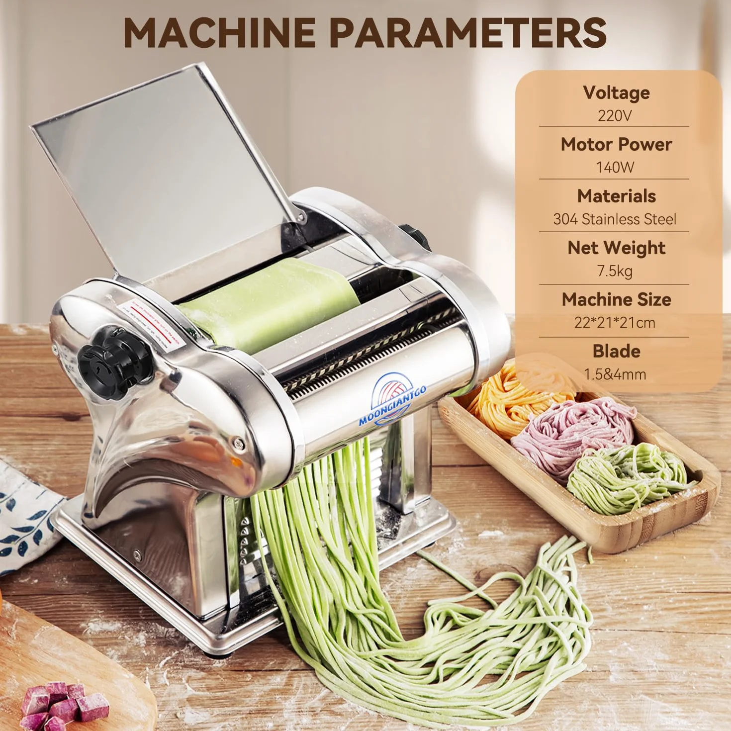 Moongiantgo Macchina per la Pasta Elettrica Pasta Macchina Fresca Acciaio Inox con Lame da 1,5 mm Fine e 4 mm Piatta, 9 Grado di Spessore Regolabile 0,3-3mm, Per Fettuccine, Tagliolini, Spaghetti