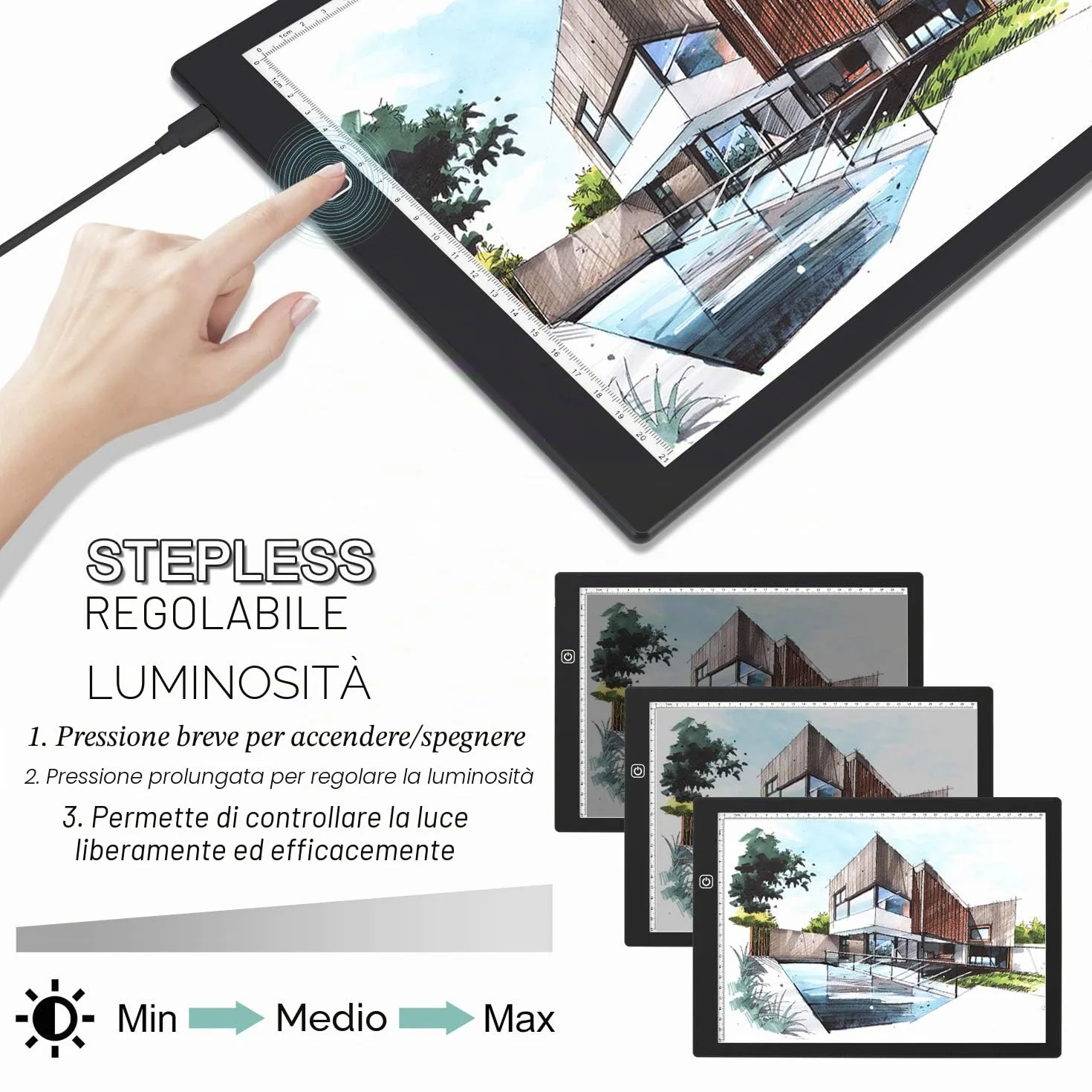 Tavolo luminoso per disegno A4 LED con 3 modalità di illuminazione, Light Pad ultra sottile touch