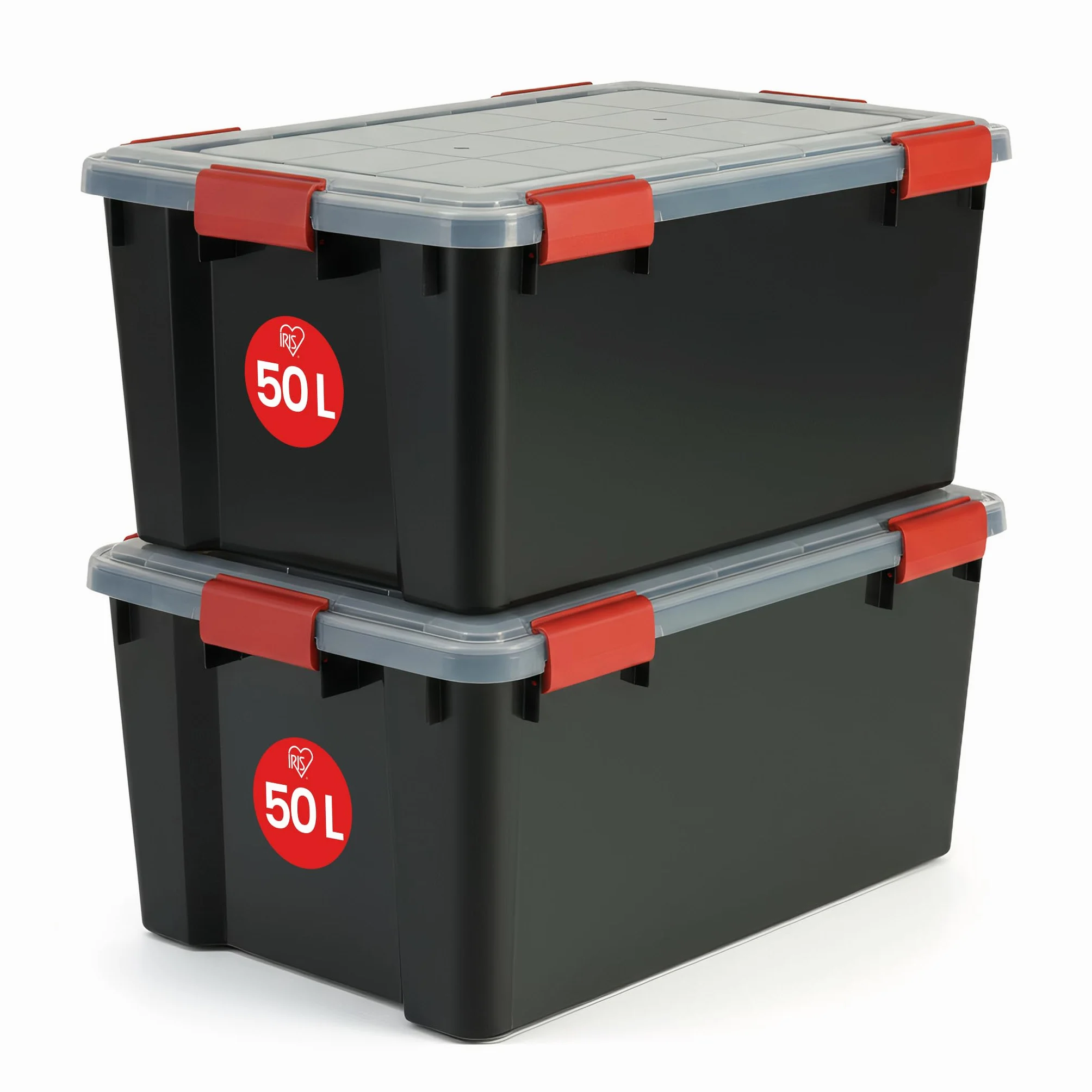Iris Ohyama Scatole Portaoggetti Ermetiche 50L Set di 2 Nero Coperchio Impermeabile Impilabile AT-L