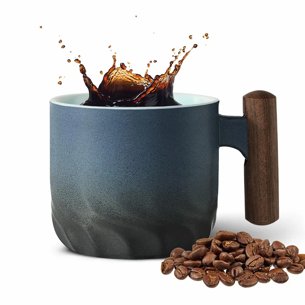 Vicloon Tazze Espresso Ceramica 70ml Set Impilabili con Manico in Legno Blu