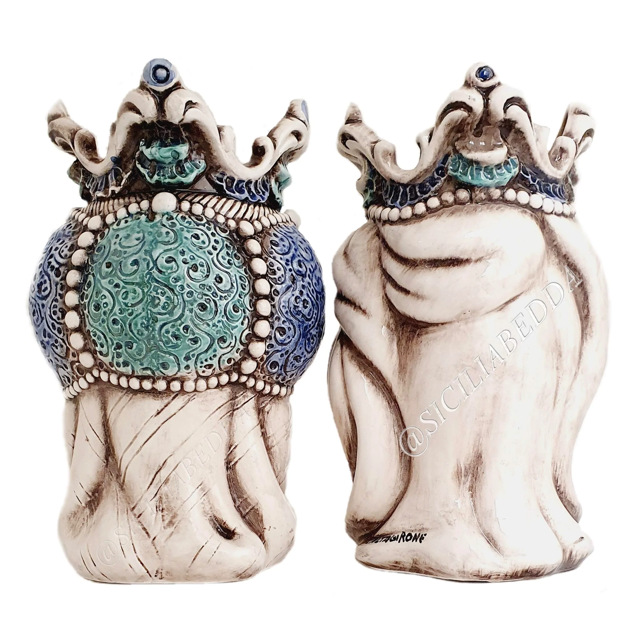 sicilia bedda - Teste di Moro Siciliane in Ceramica di Caltagirone - Realizzato Interamente a Mano - Altezza 18 Centimetri (Coppia Teste di Moro Blu)