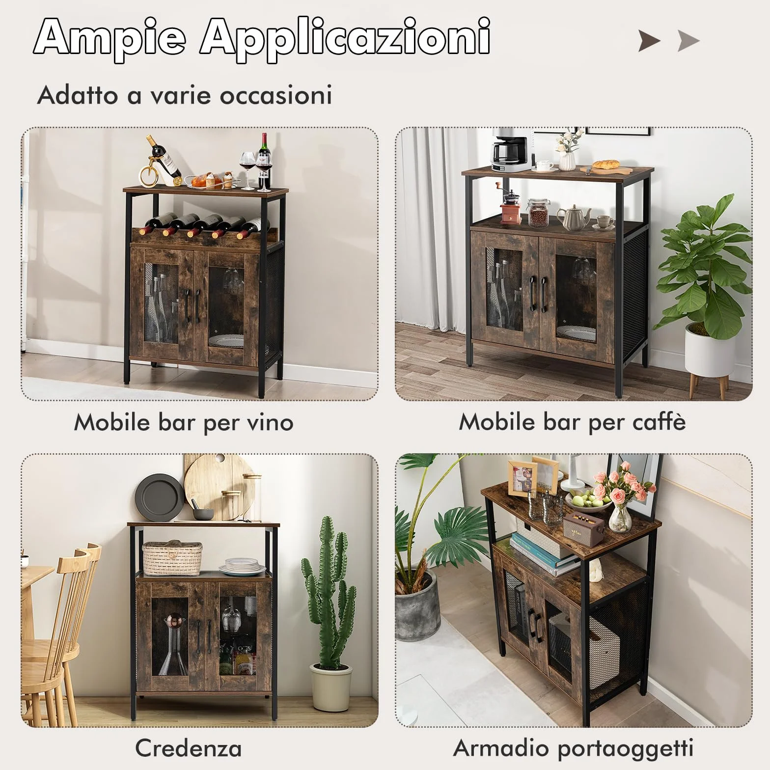 GYMAX Armadio per Vino per 5 Bottiglie Rimovibile, Armadietti di Vino con 6 Porta Calici, Mobile da Vino in Rete Metallica per Cucina, Sala da Pranzo, Industriale, 60 x 34 x 79 cm (Marrone)