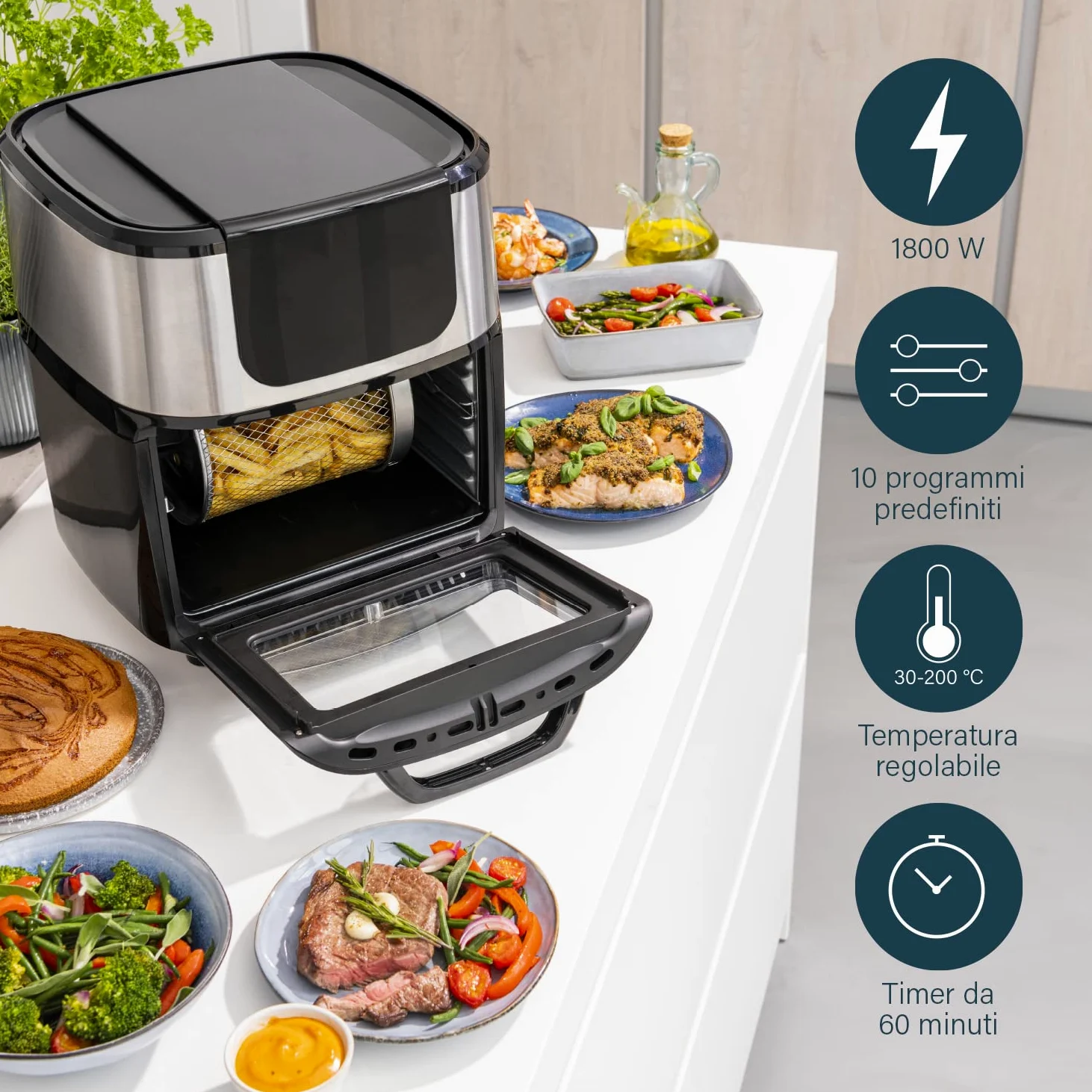 Princess Friggitrice ad Aria Forno Deluxe – 11 L – 1800 W – Schermo tattile digitale – 10 programmi preimpostati – Girapollo e cestello inclusi – Acciaio inossidabile – 182075