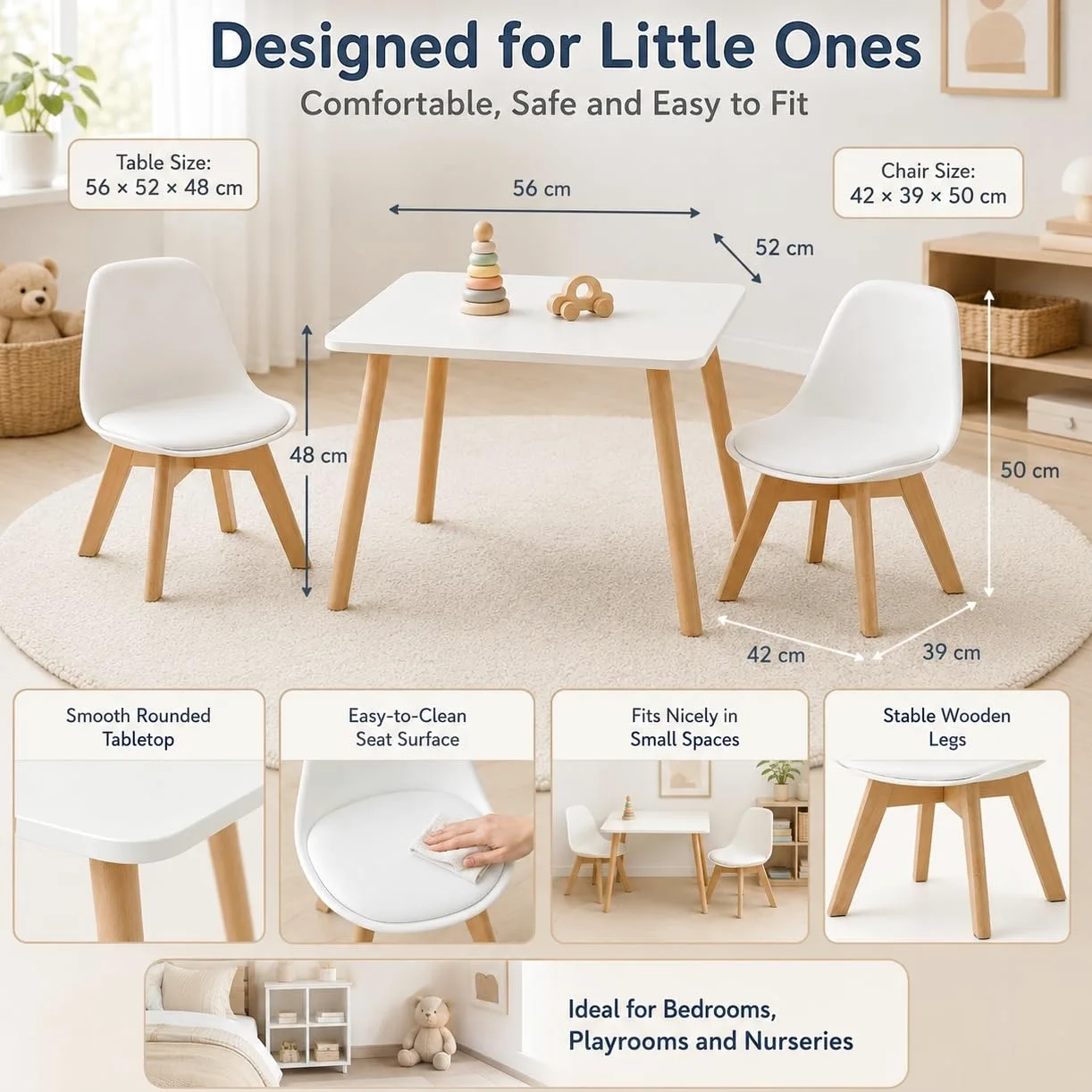 EGGREE Set di 2 Sedie per Bambini con Gambe in Legno, Sedia Piccola in PP+PU con Schienale per Cameretta per Bambini, Sedia da scrivania per Bambini,bianco