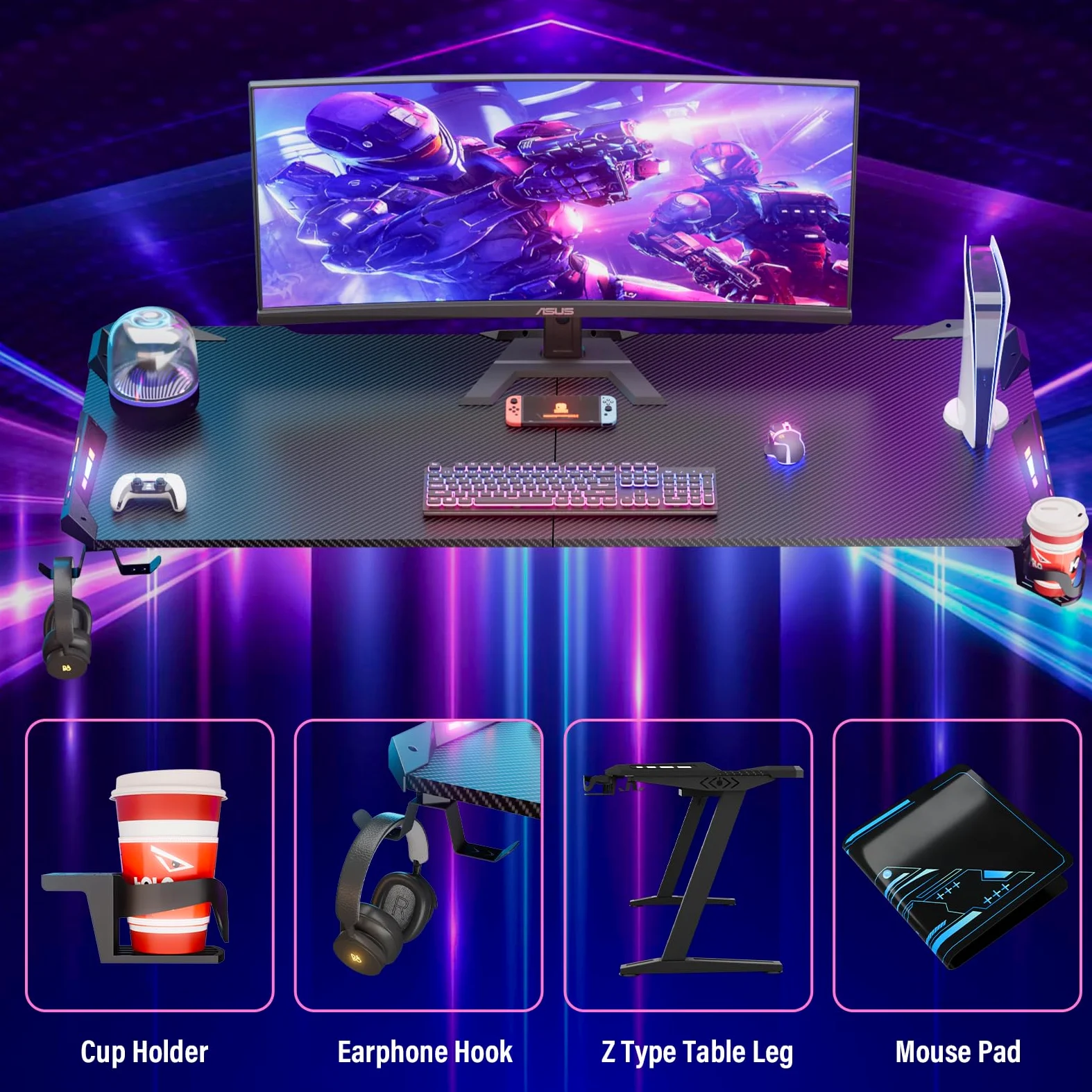 Himimi Scrivania Gaming LED 160 x 70 CM, Tavolo Gaming Ergonomica, Postazione Gaming Dotato con Piano del Tavolo in Fibra di Carbonio, Scrivania per Computer con Porta Bicchiere e Ganci per Cuffie