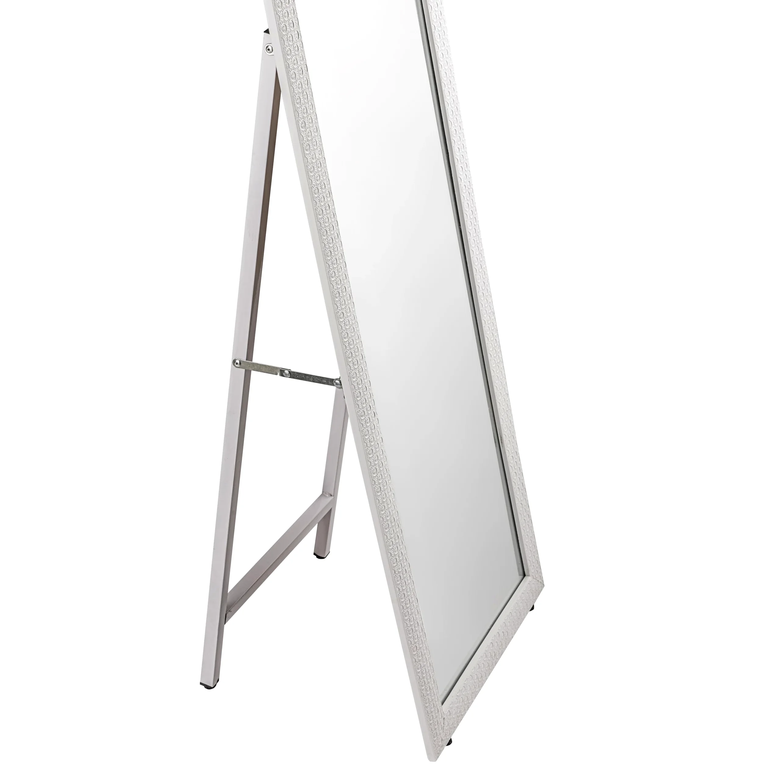 Baroni Home Specchio da Terra con Struttura in Acciaio, Specchio a Figura Intera con Supporto Pieghevole con Cornice Decorata in Legno, Geometrico Bianco, 40x150 cm