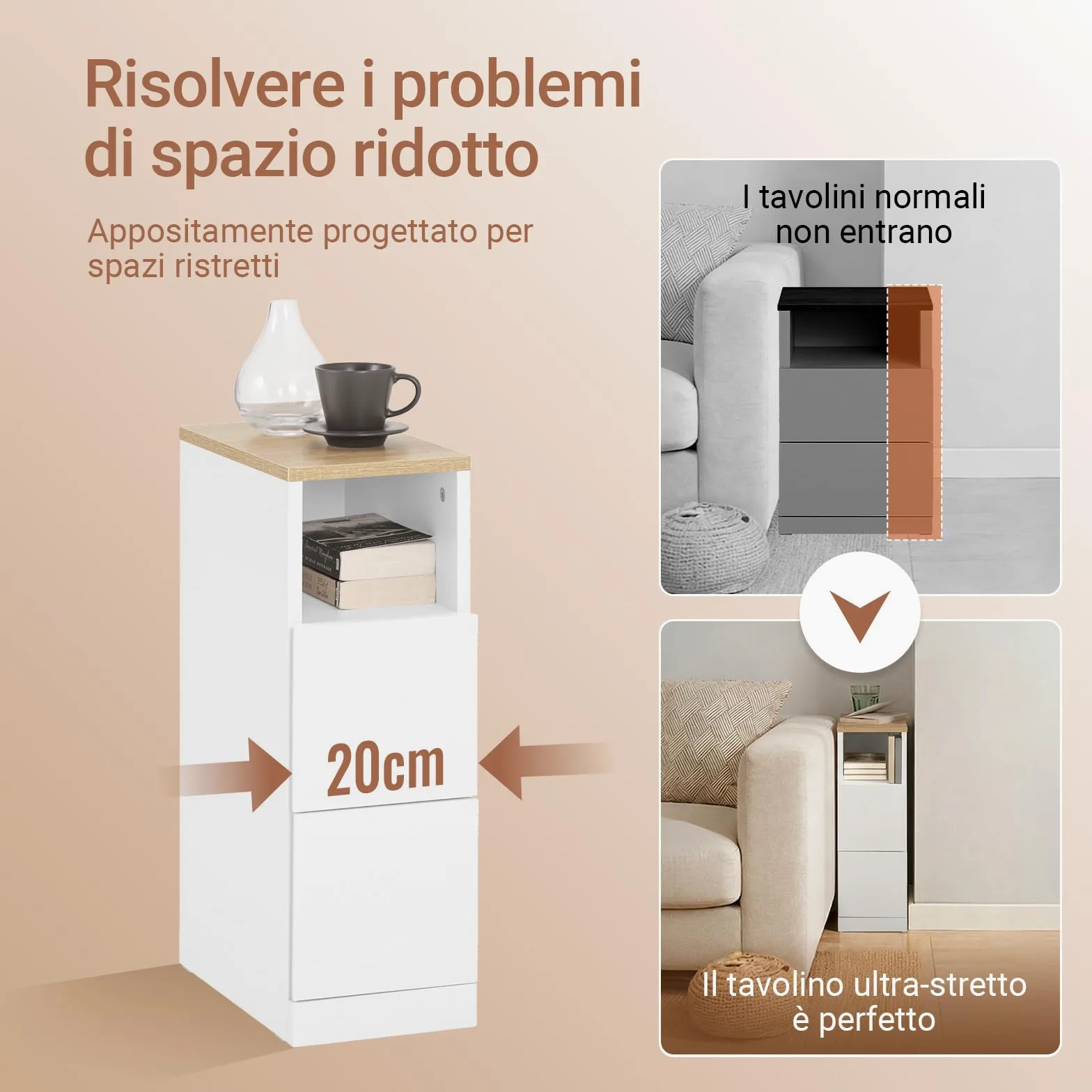SoBuy comodino camera da letto stretto 20 cm, 2 cassetti tavolino da letto & tavolino salotto, salvaspazio per spazi stretti, ideale per inquilini e letto a molle, bianco, 20x35x60 cm, FBT149-WN