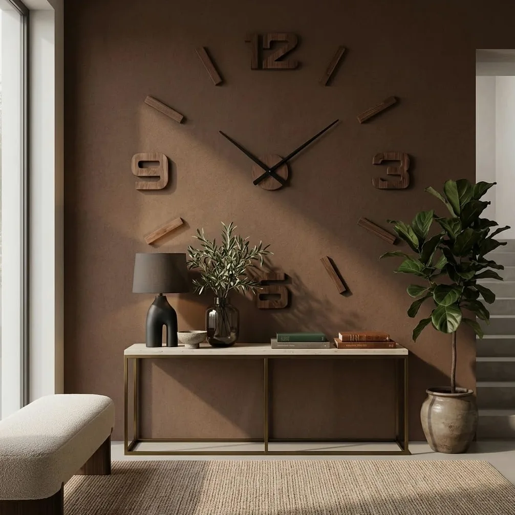 FLEXISTYLE Orologio da parete 3D fai da te, in legno di quercia/nero, grande, 100-130 cm (spessore 20 mm), decorazione da parete, per ufficio, soggiorno, camera da letto, articolo decorativo, orologio