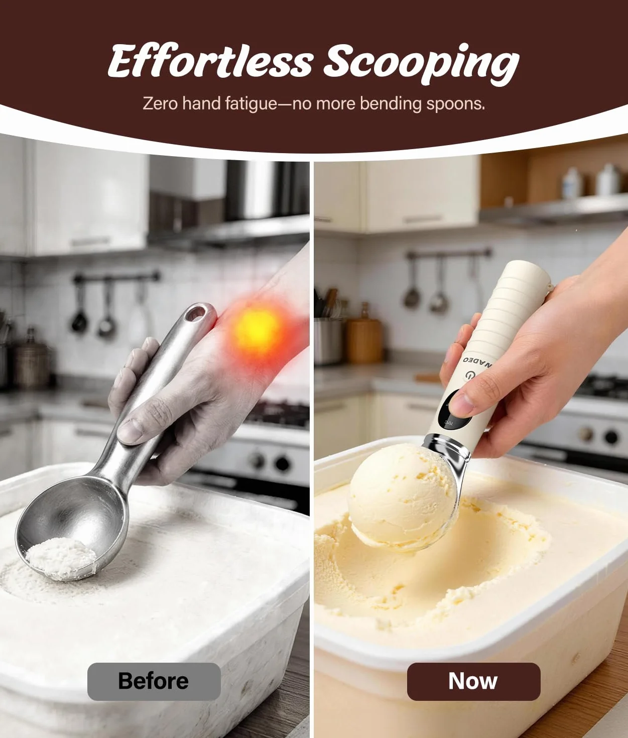 Cucchiaio per Gelato Riscaldabile Ricaricabile WADEO, 4 Temperature 40-70°C, Display LED