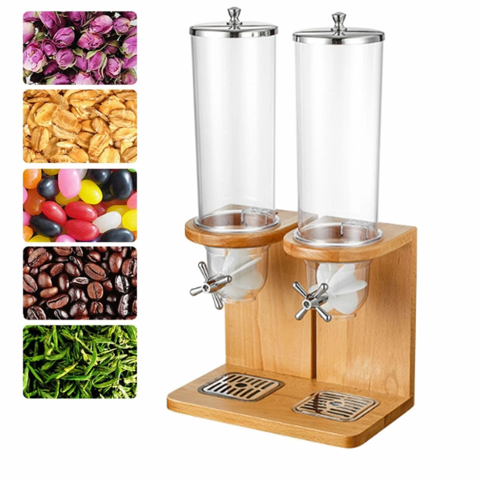 Dispenser per cereali in bambù, 3,5 l/7 l/10,5 l, contenitore per cereali da appoggio, con barile in PC e base in legno, dispenser per alimenti secchi, per riso, fagioli, noci