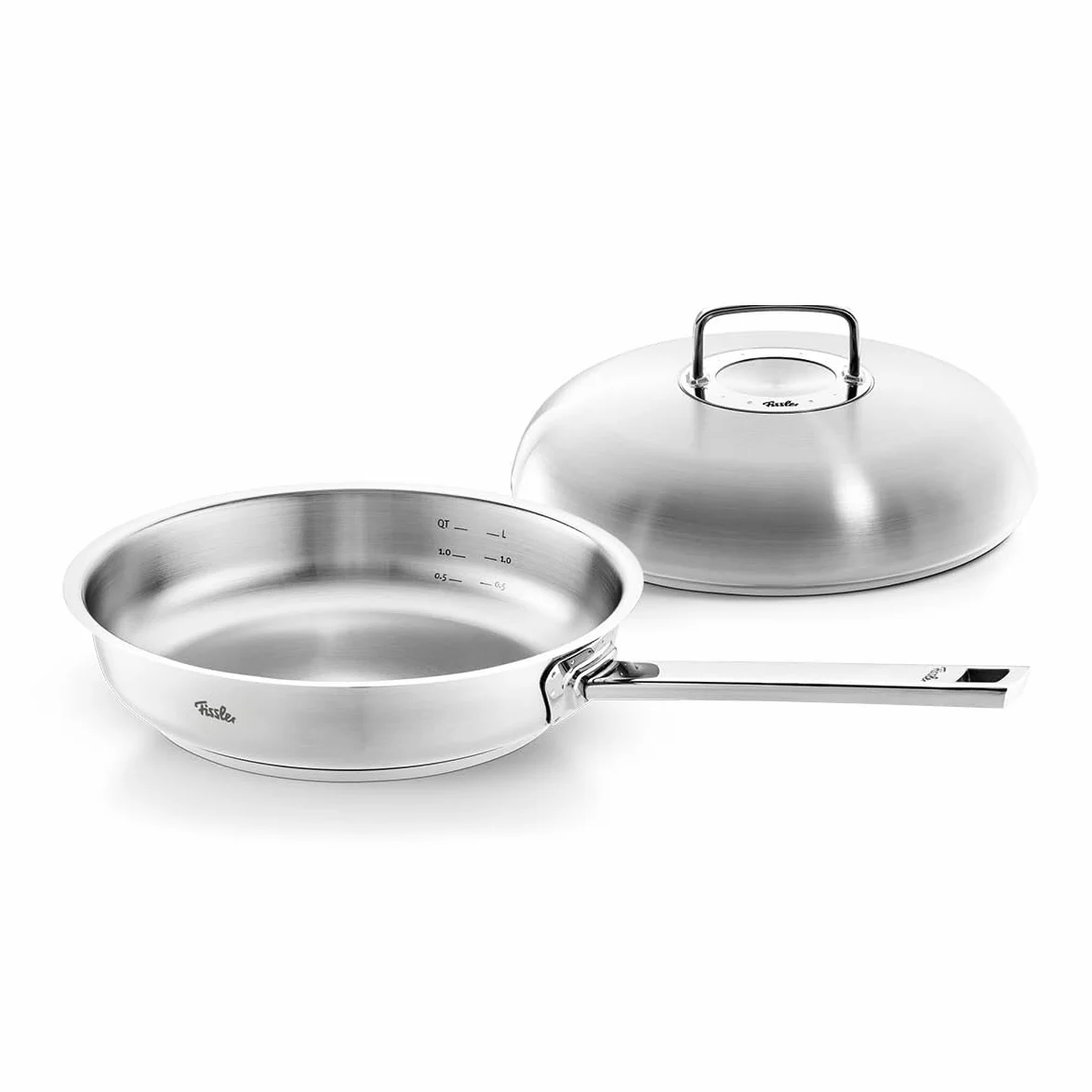 Fissler Original-Profi Collection - Set di padelle in acciaio inox, 2 pezzi (diametro 28 cm) padella non rivestita con manico, grande coperchio, compatibile induzione