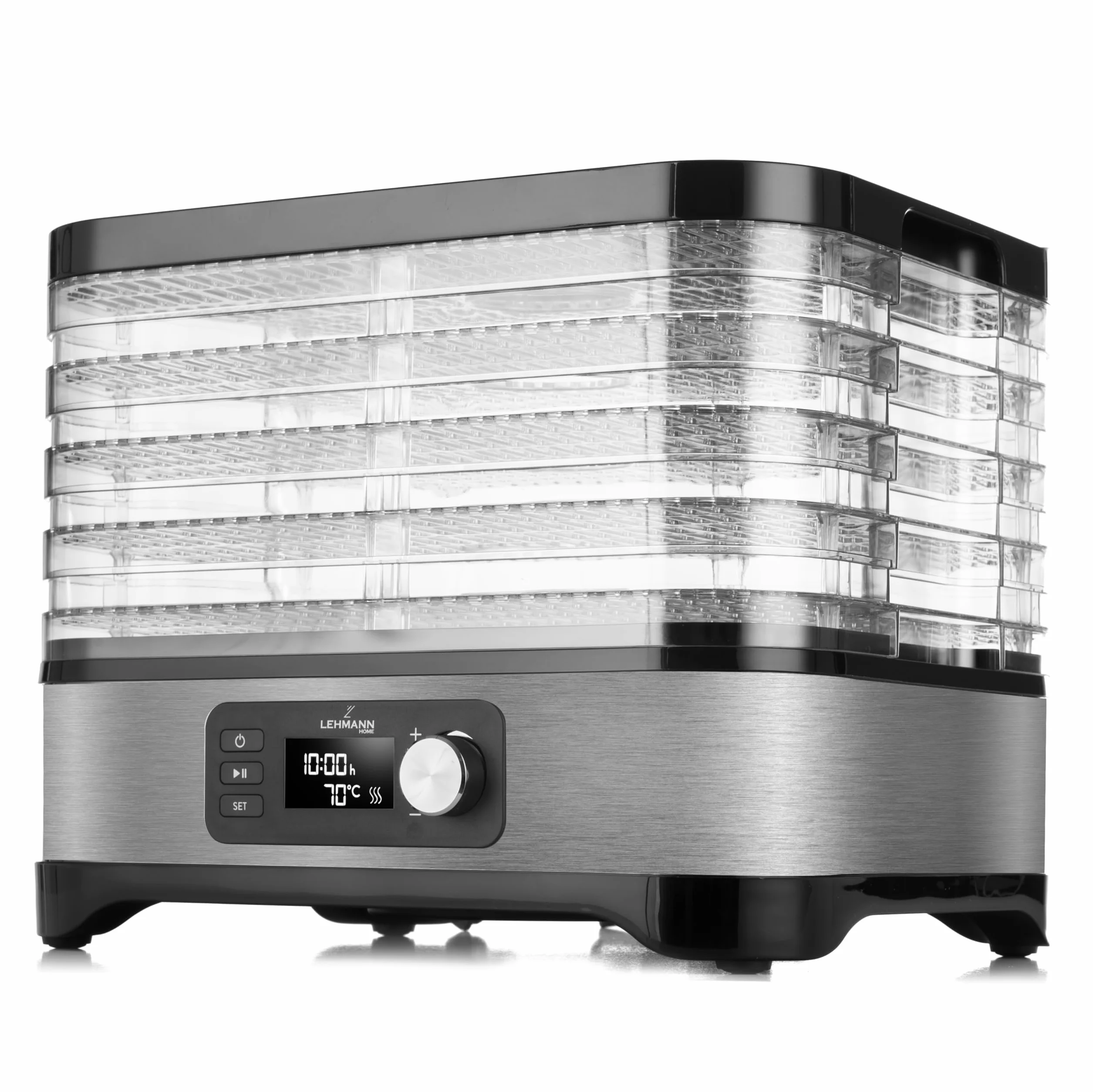 LEHMANN Essiccatore Alimentare, 5 Vassoi Regolabili in Altezza, Regolazione Temperatura 35-70°C, Timer 24h, BPA Free, Acciaio Inox, Essiccatore per Alimenti, Funghi, Frutta, Carne e Verdura