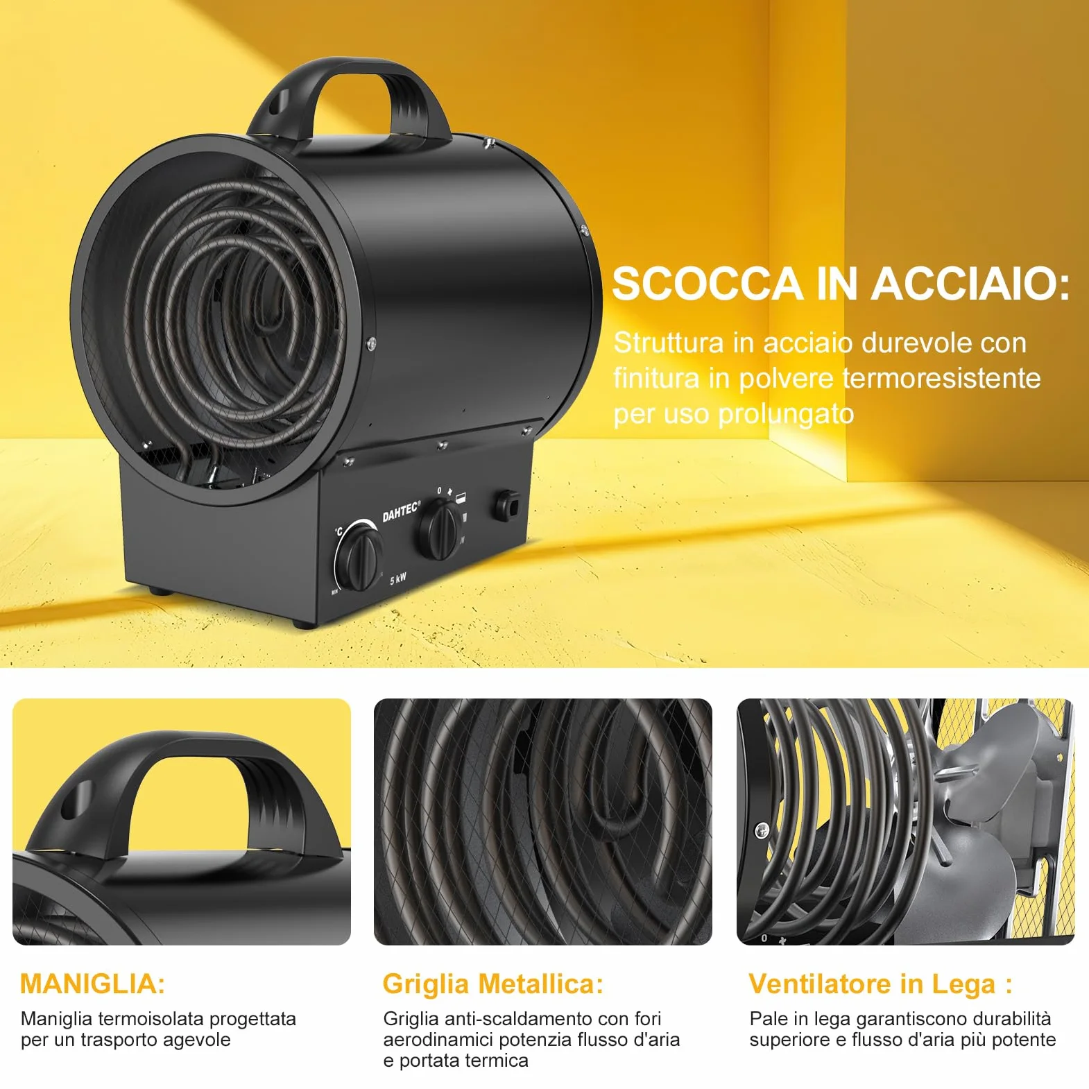 Termoventilatore 5000W - Stufetta Elettrica Portatile - Riscaldamento Industriale - Maniglia, Termostato e Protezione da Surriscaldamento (Nero)