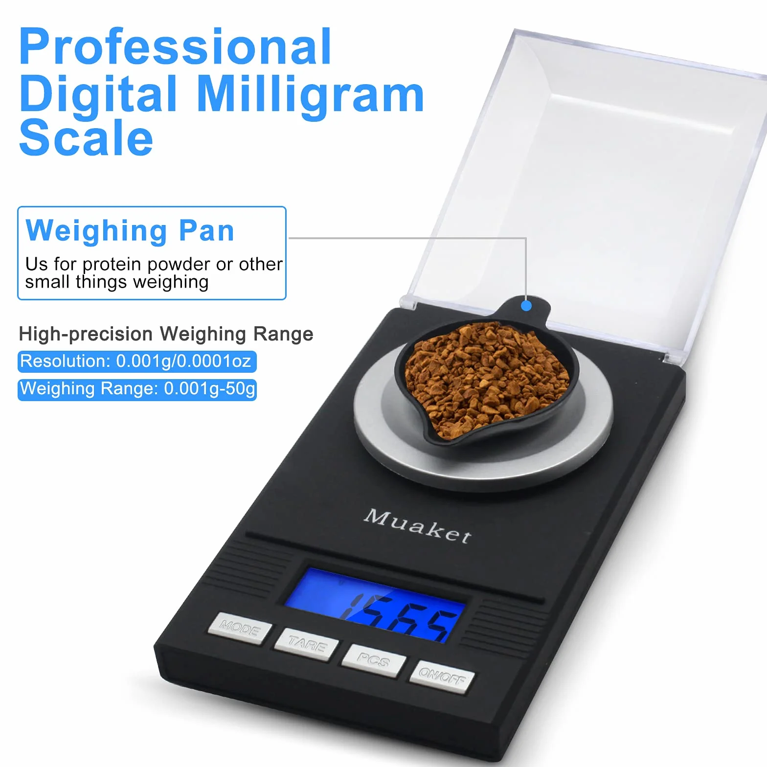 Bilancia Digitale 0,001g/50g, Muaket Precisione Cucina, Milligrammi con Display LCD, Scale con Funzione Tare, Calibrazione Pesi, Piatto di Pesata e 2 x Batterie