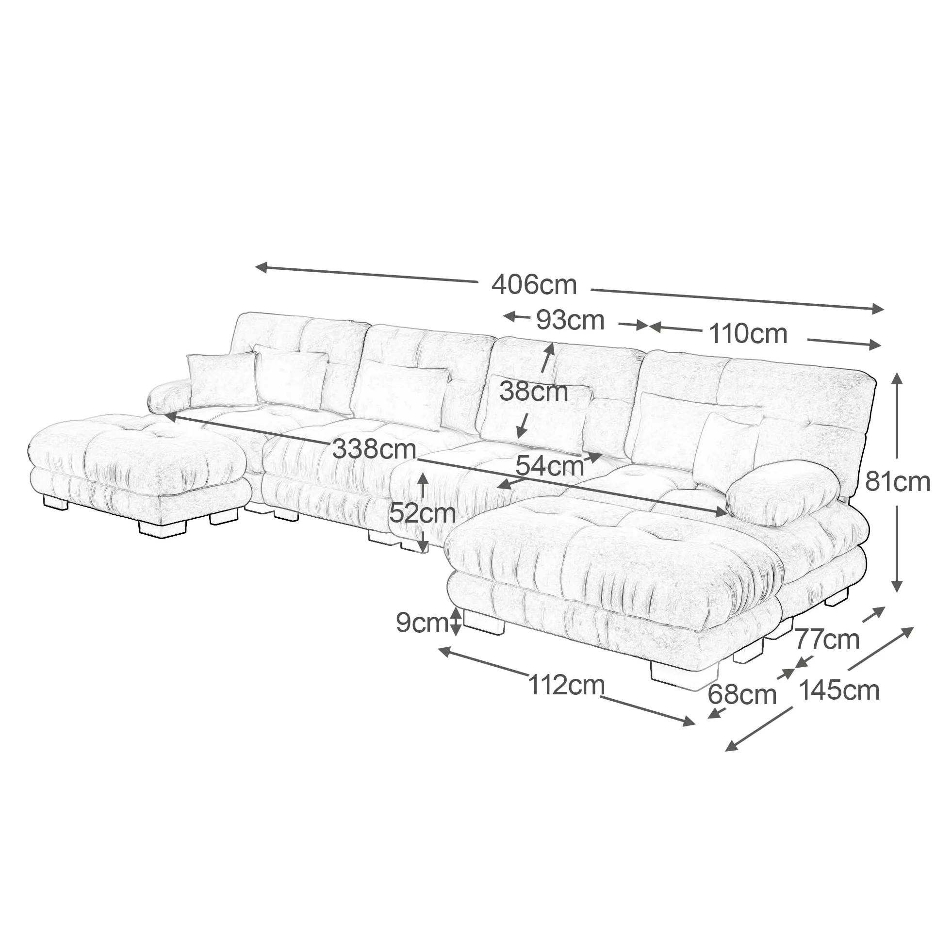 Divano angolare modulare, set divano a forma di U per soggiorno, 4 posti, comodi divani cloud con pouf mobile, combinazione fai da te, caffè leggero, ciniglia marrone chiaro