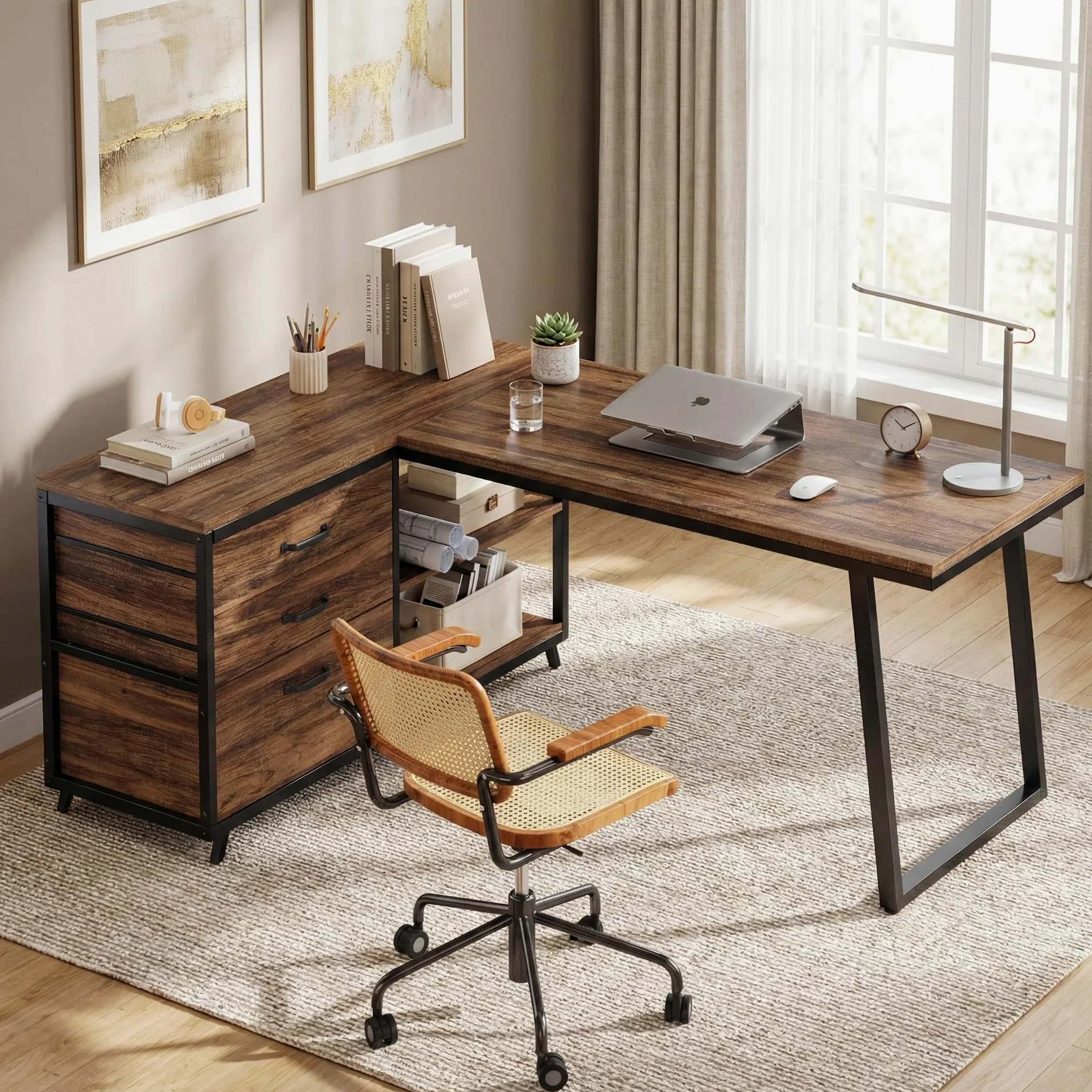 Lailang 134cm Scrivania, Tavolo Angolare, Scrivania Con Cassetti, Scrivania In Legno, Scrivania Studio Casa, Scrittoio Vintage, 134 x 50 x 74 cm, Marrone Rustico Nero