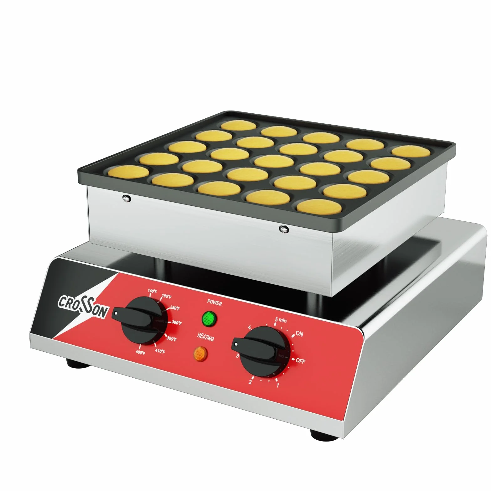 CROSSON Macchina per Mini Pancake 25 Fori 43 mm 850W Antiaderente Controllo Temperatura per Dorayaki Poffertjes Muffin