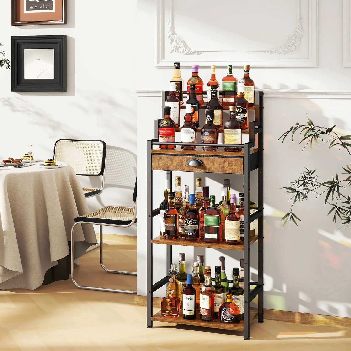 IBUYKE Portabottiglie Vino Gradini da Terra,Mobile Vino con Cassetto per Whisky,Espositore per Bottiglie di Liquori per Bar, Soggiorno, Sala da Pranzo,Marrone TMJ915H