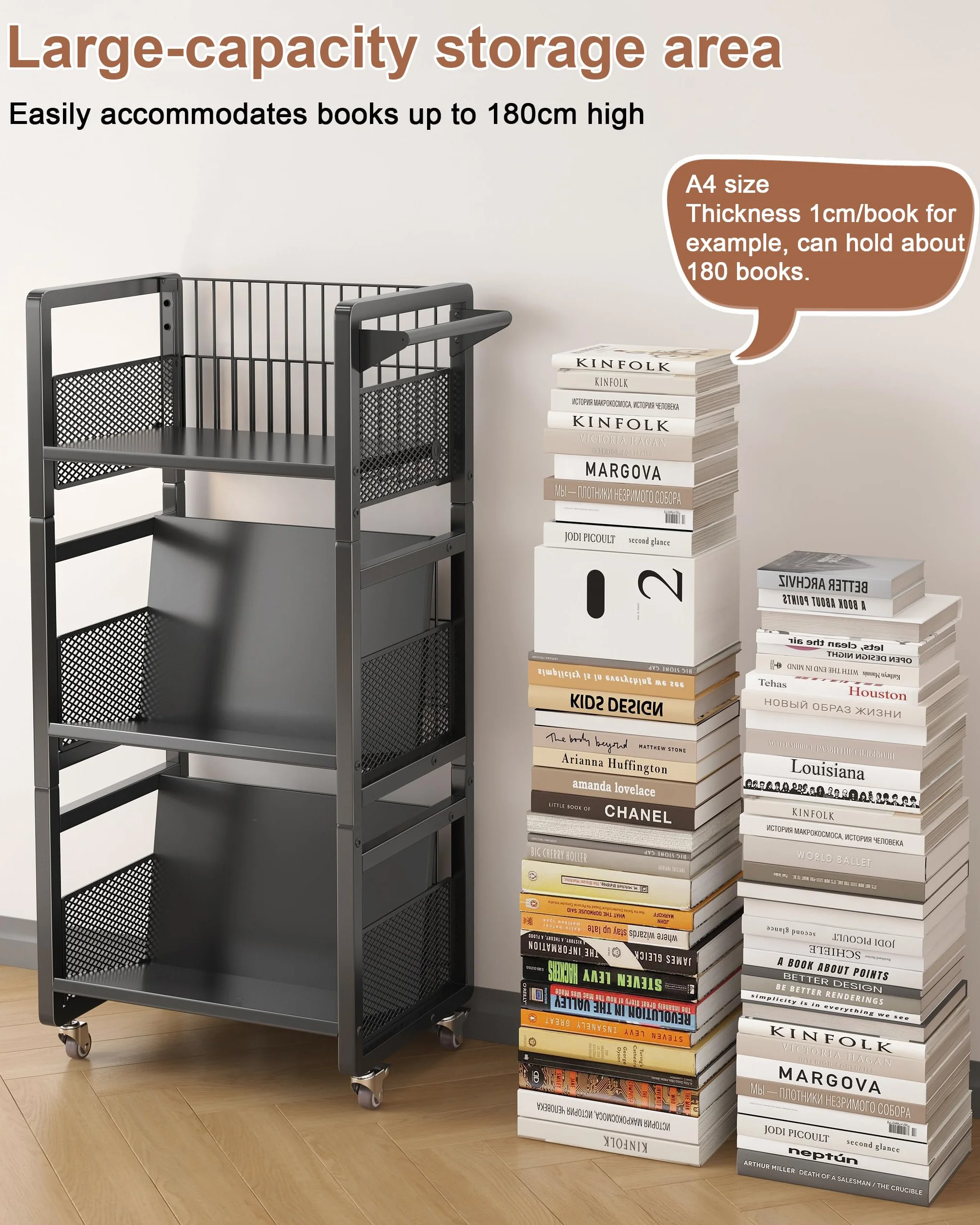 Carrello per Libri con Ruote,Carrello Da Biblioteca con Portata 70kg con Maniglia,Ripiani Piatti a Forma Di L su Un Lato,per Casa,Scuola,con 3 Supporti Magnetici per Libri - Nero