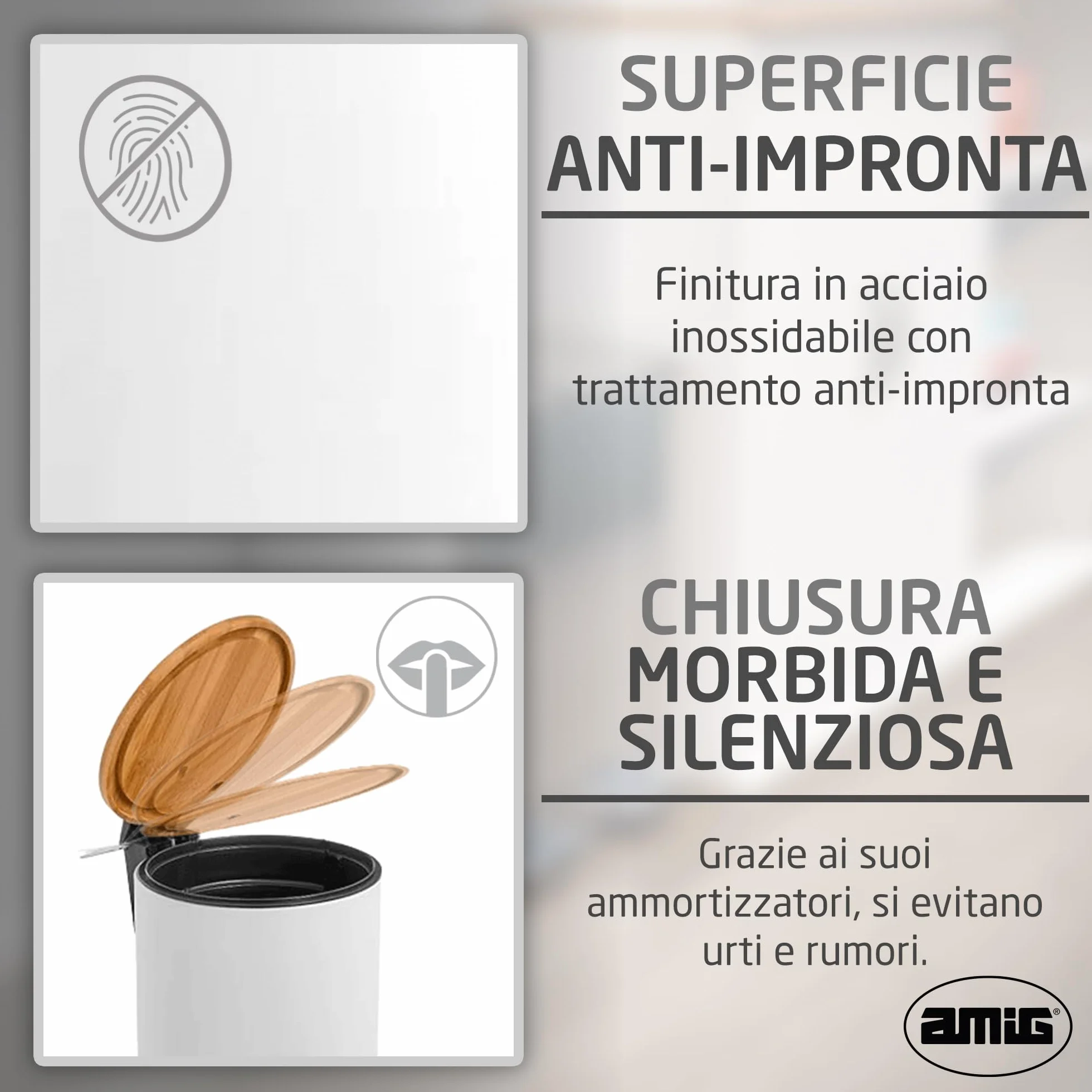 Amig Naturline Pattumiera da bagno con pedale 3 litri bianco bambù acciaio inox
