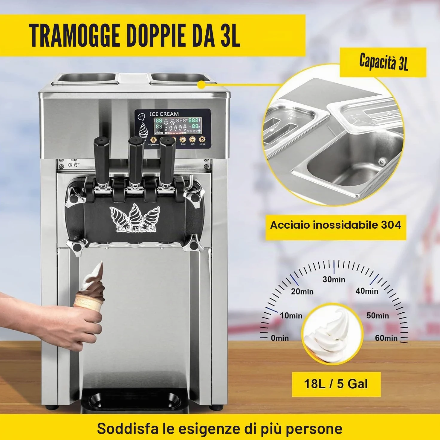 Macchina per Gelato Commerciale 18L/H 3 Sapori, 1200W macchina gelato soft professionale, Pannello LCD, Pre-Raffreddamento Pulizia Automatica, per Yogurt Caffè Snack-Bar Ristorante