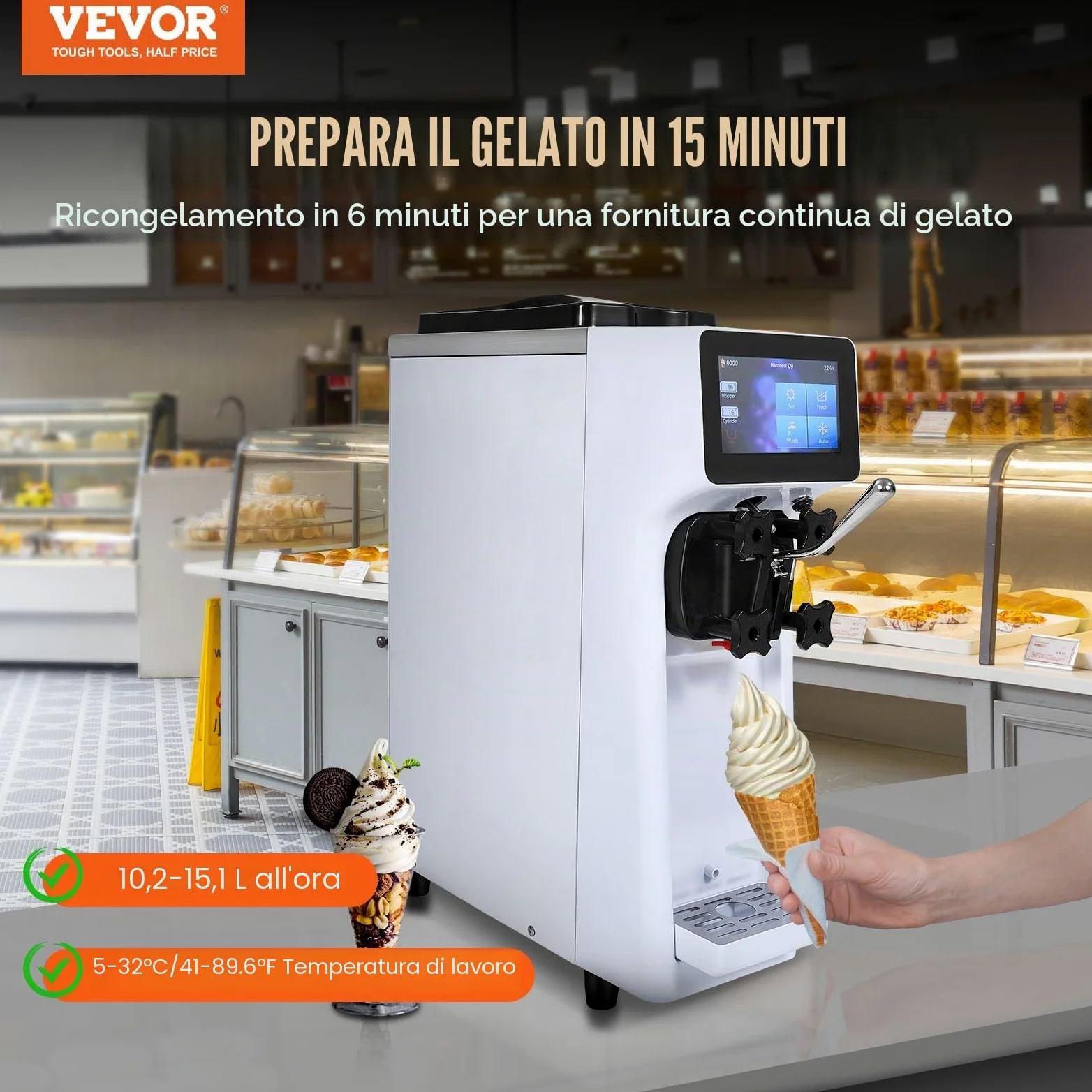VEVOR Macchina per Gelato Commerciale, Produzione 10 L/H, Macchina per Gelato Soft da Banco Monogusto 900 W, Tramoggia 4 Litri, Cilindro 1,6 Litri, per Snack Bar Ristorante