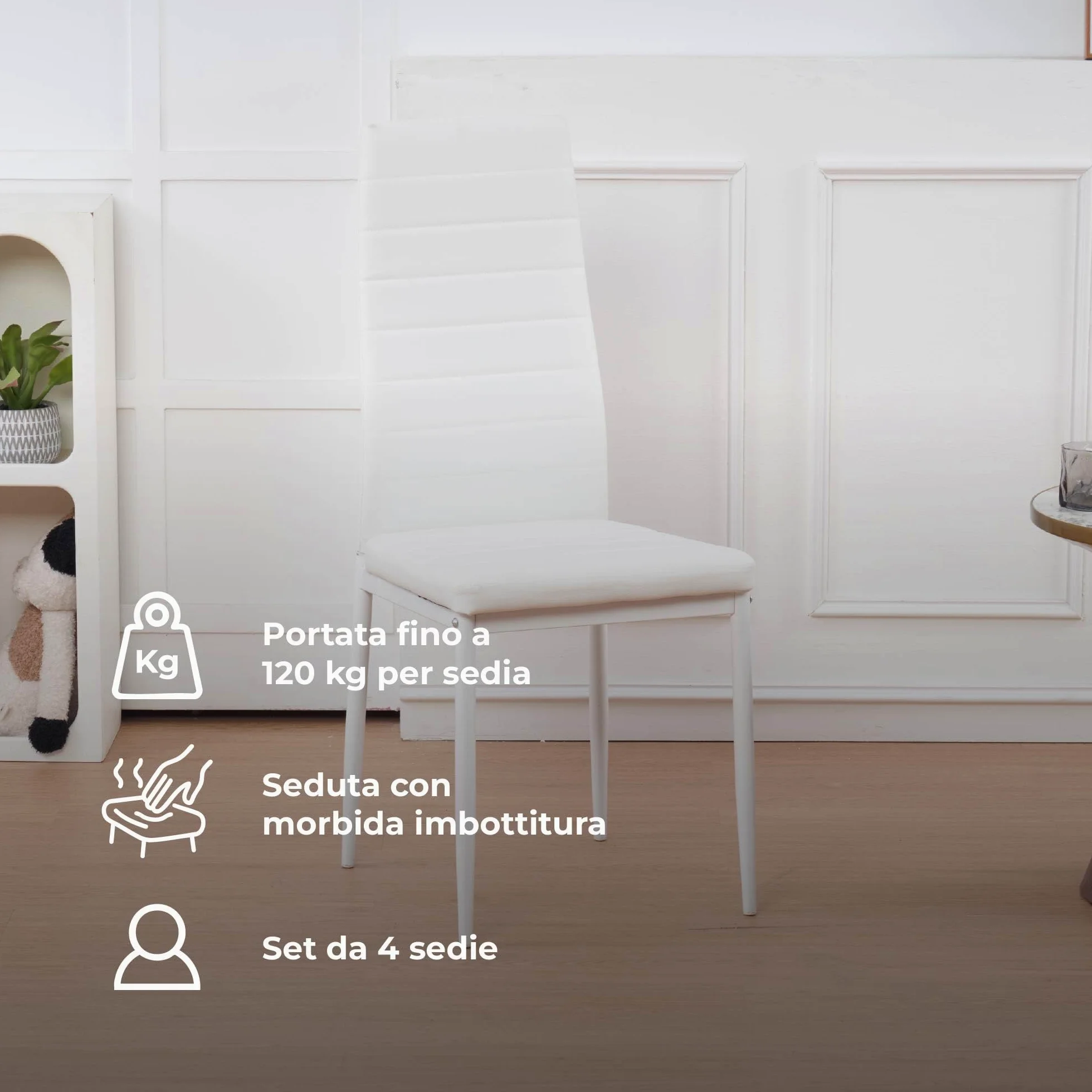 IlGruppone Set Sedie e Tavolo da Pranzo con Ripiano in Vetro Temperato e Sedia Imbottite in Similpelle Nera Design Moderno, 4 o 6 Posti Ideale per Cucina o Soggiorno - Bianco - 4 Posti