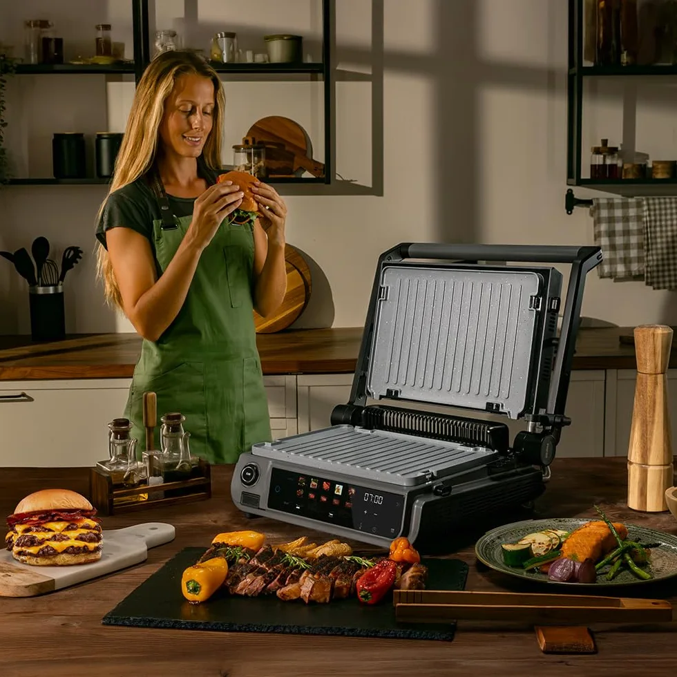 Cecotec Griglia elettrica con Grill Rock'nGrill 2000 Smash PerfectCook. 2000 W, Sonda Temp, Smash Burger, Smokeless, Dual Temp, Raccoglitori, piastre reversibili, superficie 30 x 21 cm, acciaio