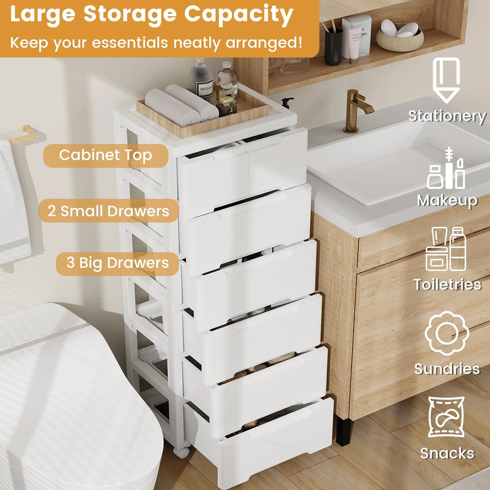 KOMFOTTEU Cassettiera con 4 Ruote a 4/5/6 Cassetti, Carrello Portaoggetti in Plastica, Carrellino Salvaspazio per Bagno, Cucina, Soggiorno, Camera da Letto, Bianco (6 Cassetti)