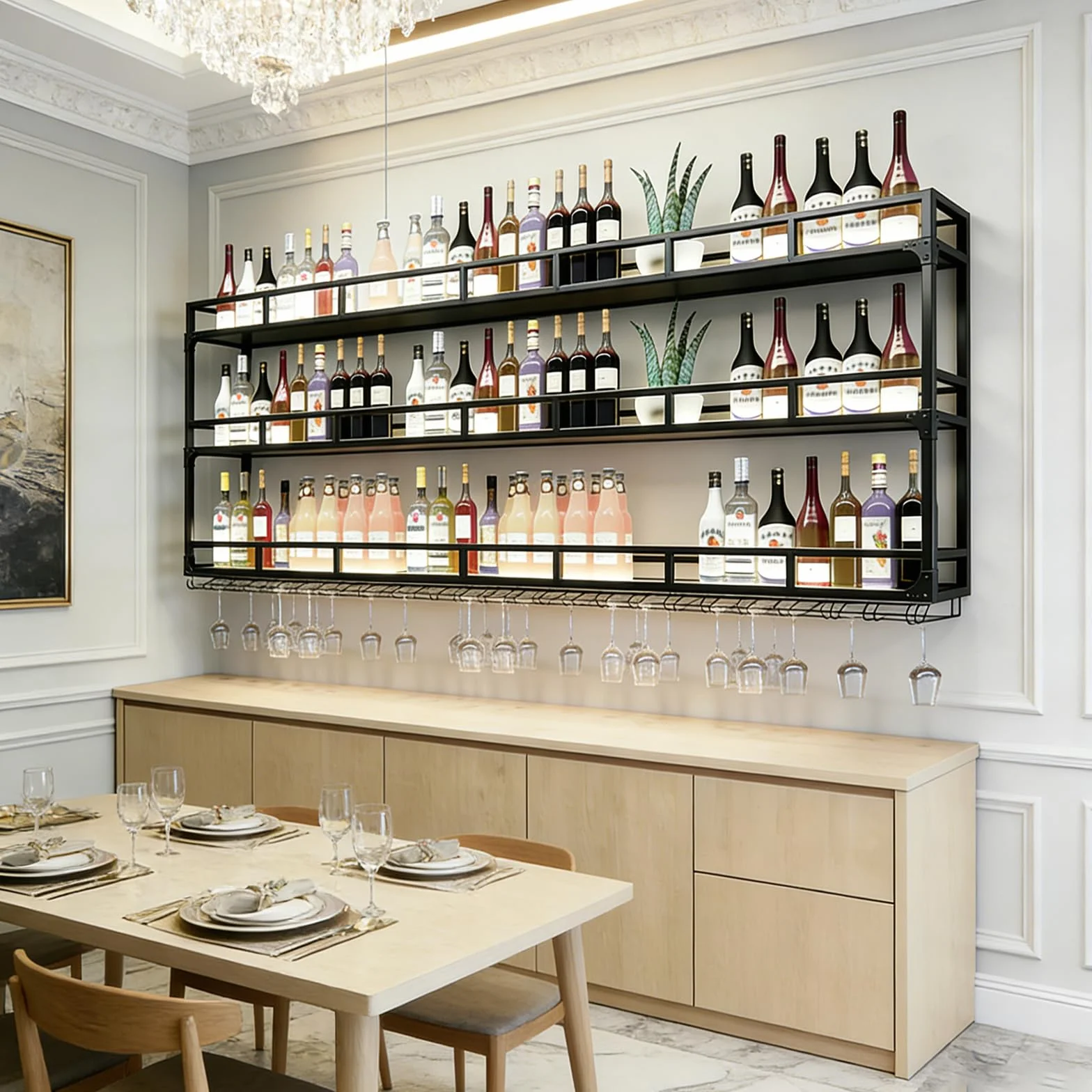 PortabottiglieDa Vino, Portabottiglie Da Parete Con Ripiano Espositivo, 3 Livelli Portabottiglie Da Vino A Parete Per Casa, Bar, Ristorante (BLACK, 100 * 25 * 90CM)