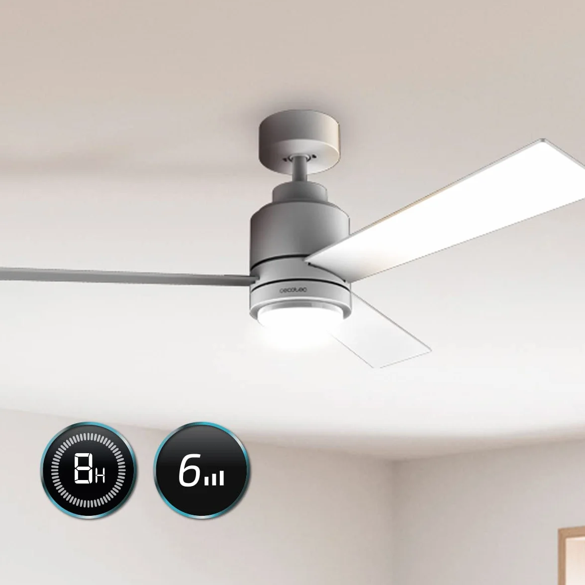 Cecotec Ventilatore da soffitto con luce EnergySilence Aero 4850 Style White. 30 W, diametro 48" con 3 pale, telecomando, motore DC, 6 velocità, modalità Winter-Summer e Natural Breeze